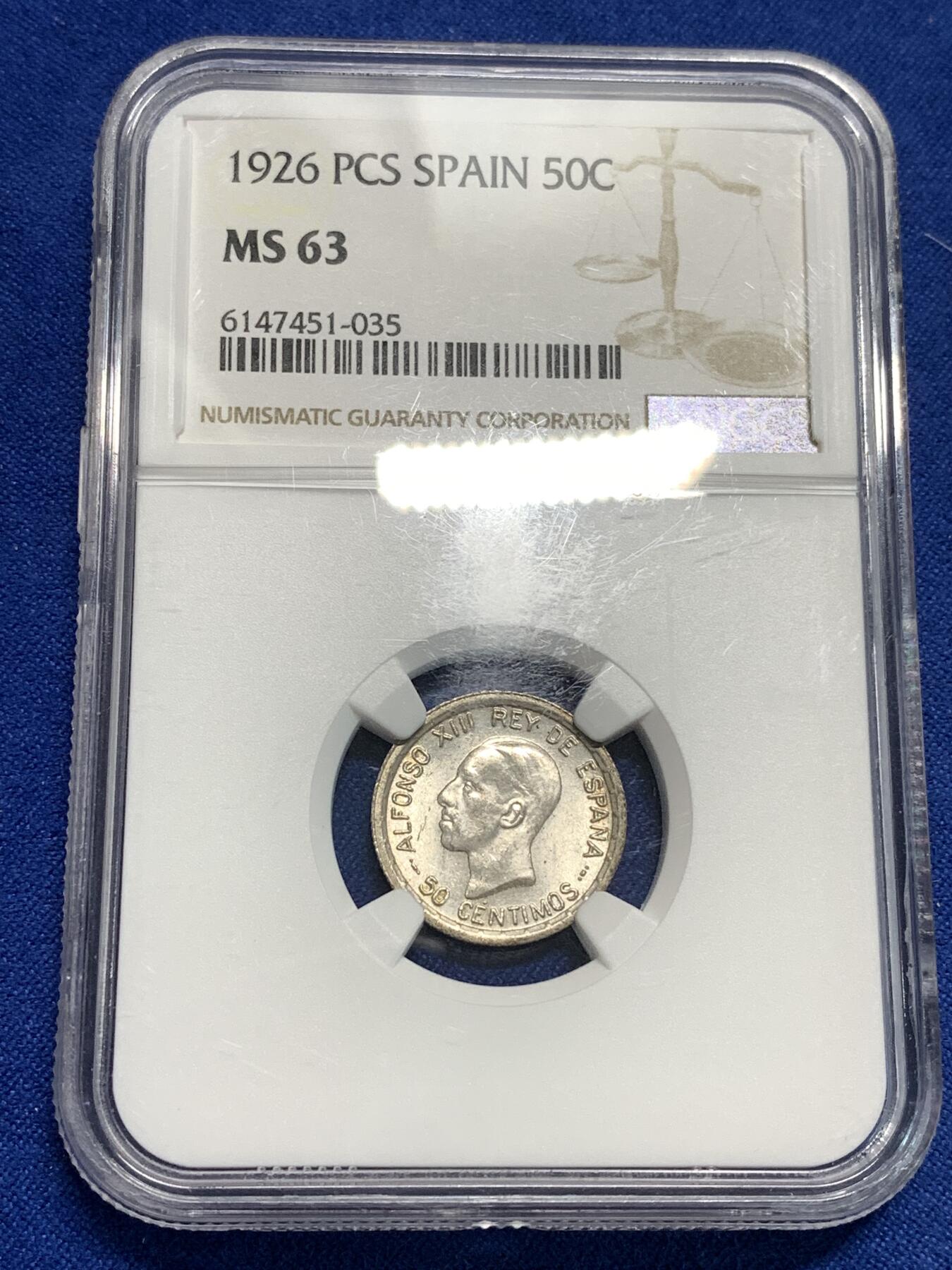 《竞宝斋》第295场- 周日，周一  2场连拍 （全场包邮） NGC MS63 西班牙1926年阿方索十三世50分银币 原光