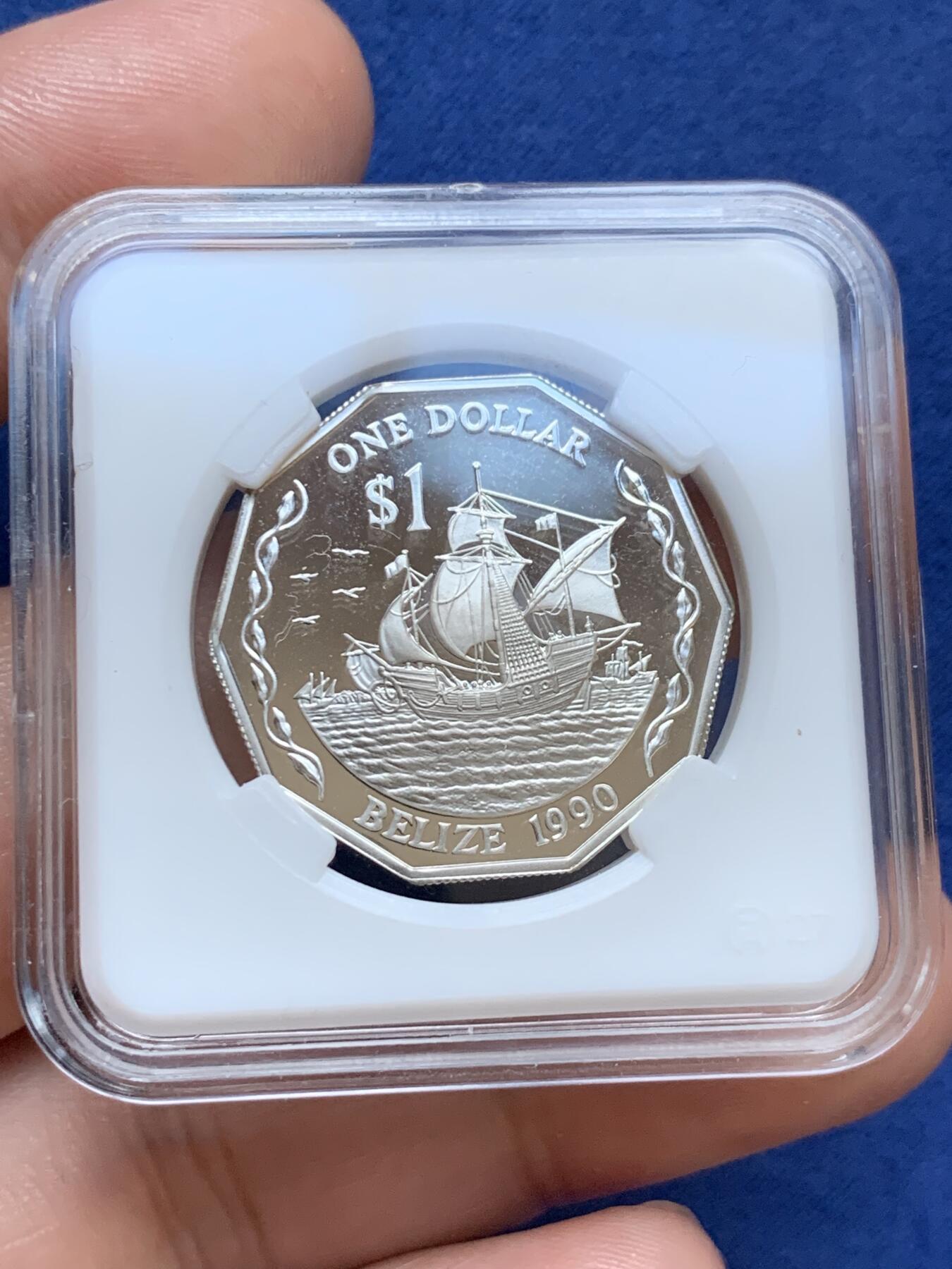 《竞宝斋》第295场- 周日，周一  2场连拍 （全场包邮） 伯利兹1990年1元硬币精制银版  十边形  币面非常干净  帆船主题  富兰克林造币厂铸造 非常少见