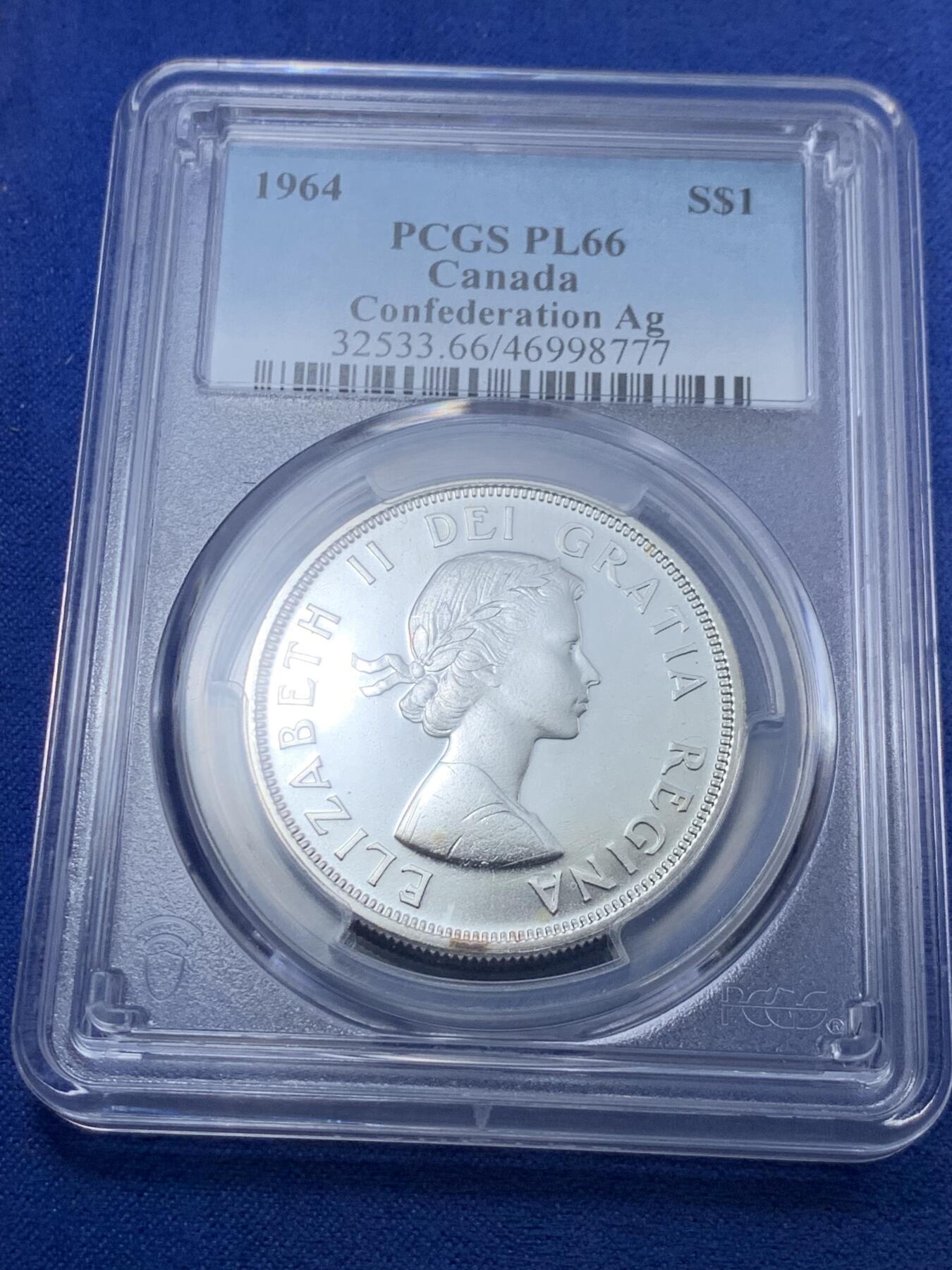 《竞宝斋》第295场- 周日，周一  2场连拍 （全场包邮） NGC PL66 加拿大1964年伊丽莎白二世女王头像夏洛特会议召开100周年纪念1元类精制大银币
