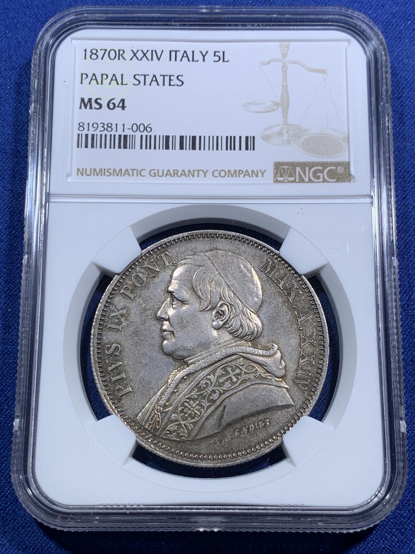 《竞宝斋》第295场- 周日，周一  2场连拍 （全场包邮） NGC MS64 意大利教皇国1870年庇护九世5里拉银币 底光知足 难得高分