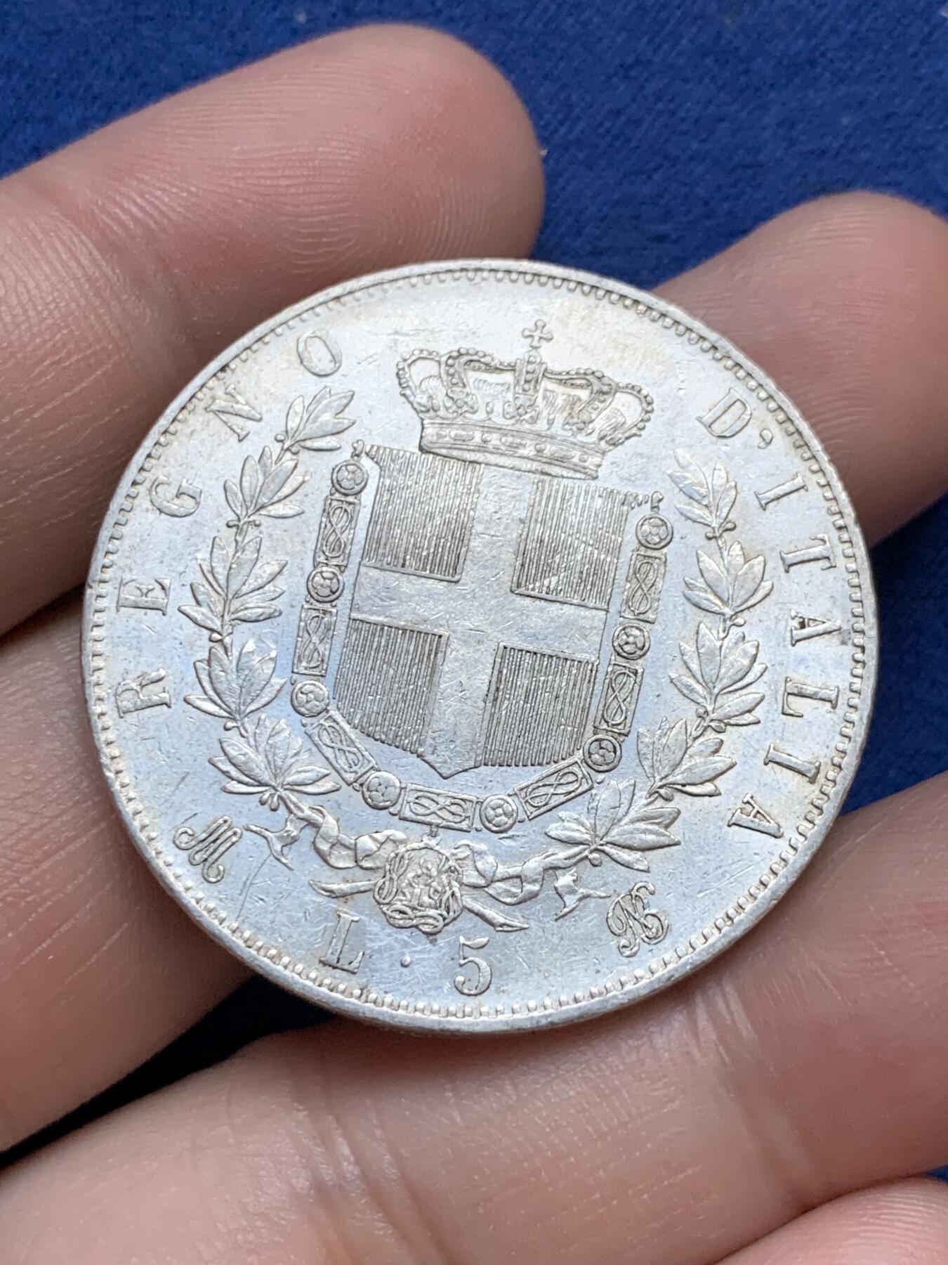 《竞宝斋》第295场- 周日，周一  2场连拍 （全场包邮） 意大利1874年5里拉银币 状态还不错