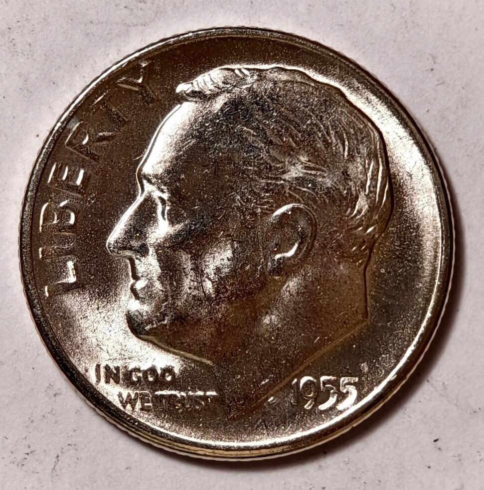 紫瑗钱币——第418期 美国 1955年 S版 罗斯福 10美分 2.5克 0.9银 BU 可评级