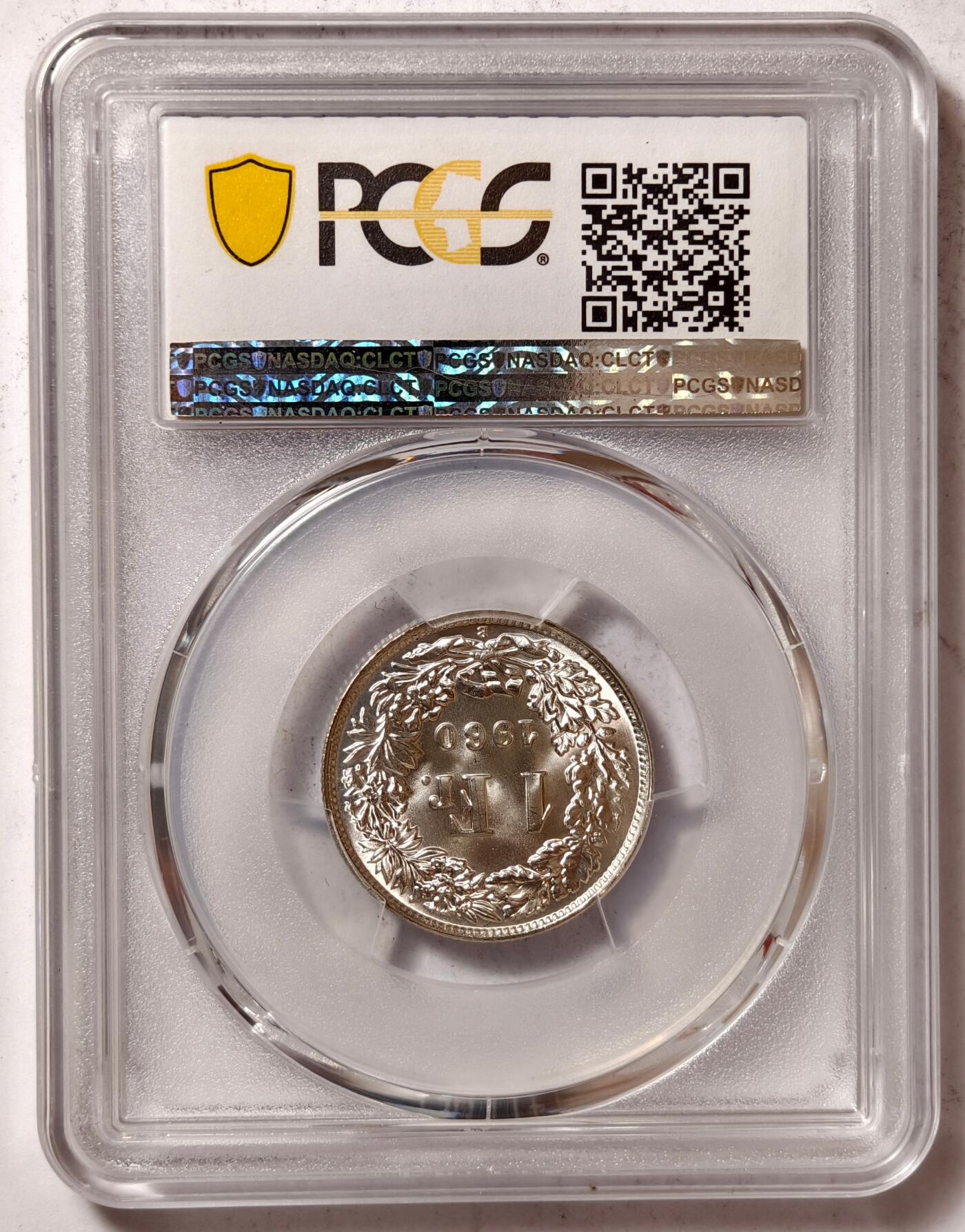 紫瑗钱币——第458期 瑞士 1960年 B版 赫尔维蒂亚 1法郎 银币 PCGS MS66