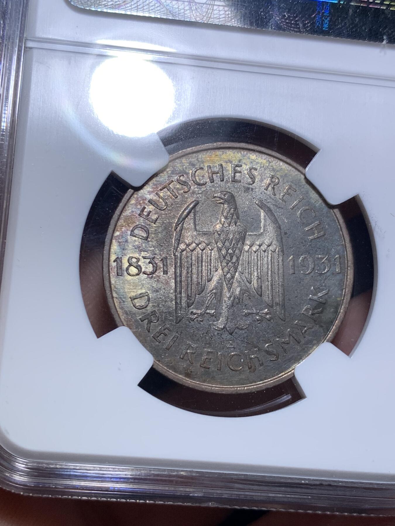 《竞宝斋》第295场- 周日，周一  2场连拍 （全场包邮） NGC MS64 魏玛德国1931年A版斯坦因3马克银币少见