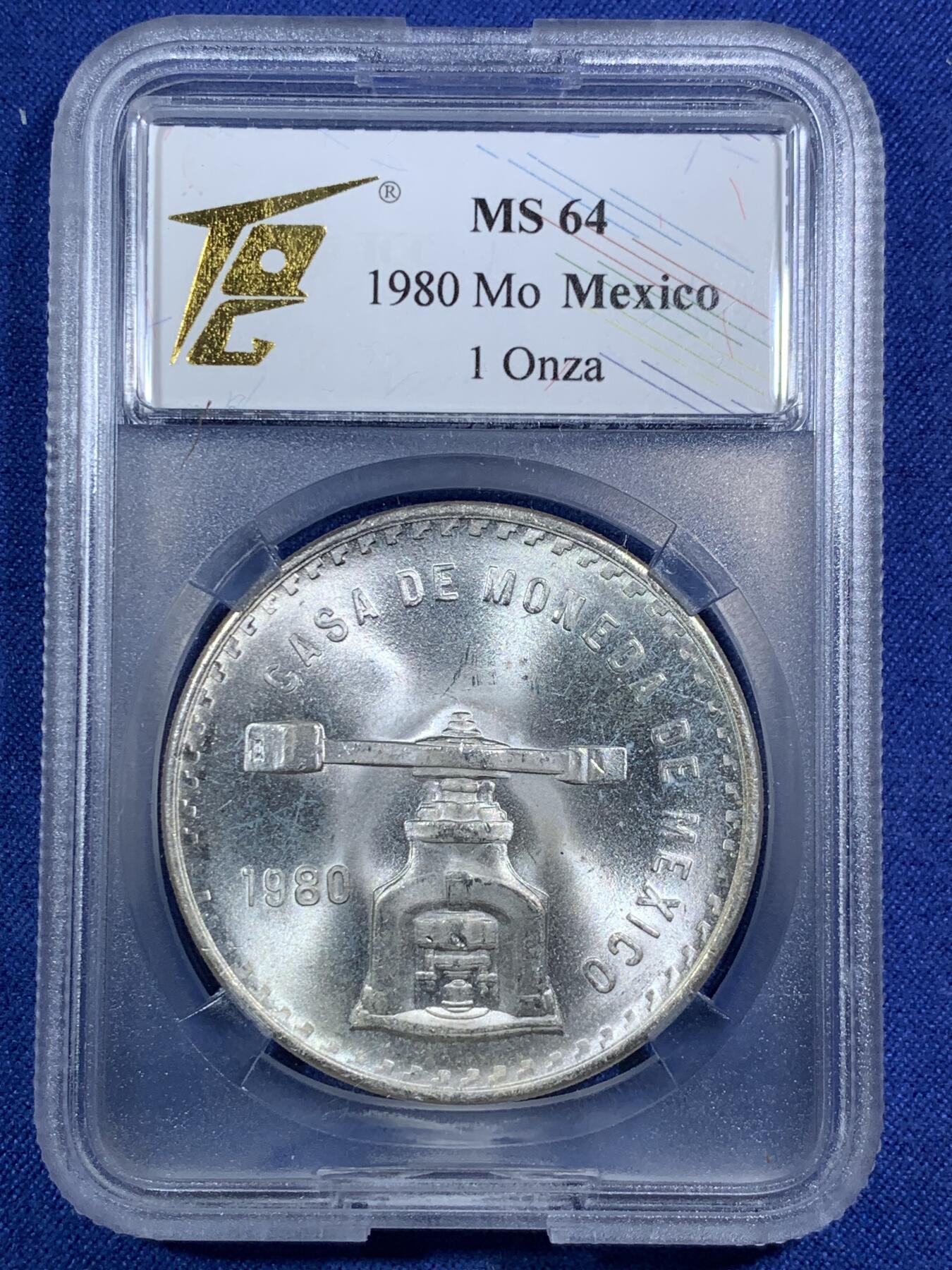 《竞宝斋》第295场- 周日，周一  2场连拍 （全场包邮） TQG MS64 墨西哥1980天平铸币机1盎司大银币 十字转光