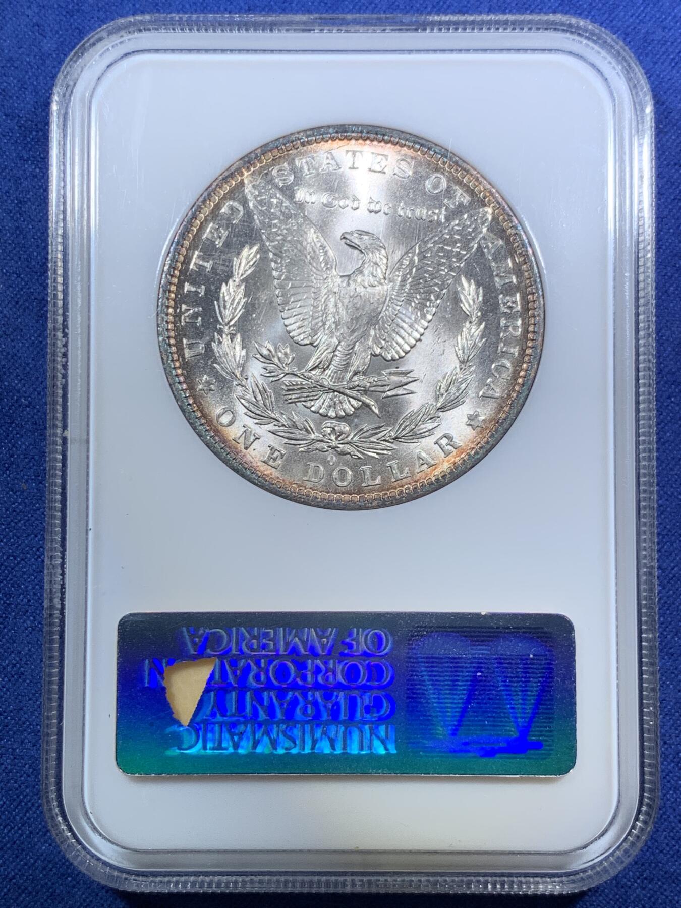 《竞宝斋》第295场- 周日，周一  2场连拍 （全场包邮） NGC MS65 老盒美国 1883-O 摩根银币 蓝金彩非常漂亮