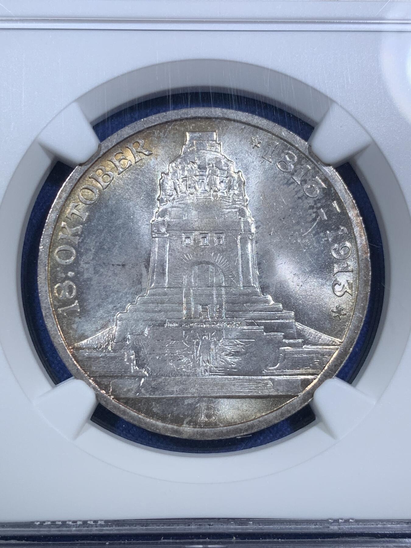 《竞宝斋》第295场- 周日，周一  2场连拍 （全场包邮） NGC MS64 德国萨克森1913年莱比锡建功碑3马克银币 漂亮的五彩包浆