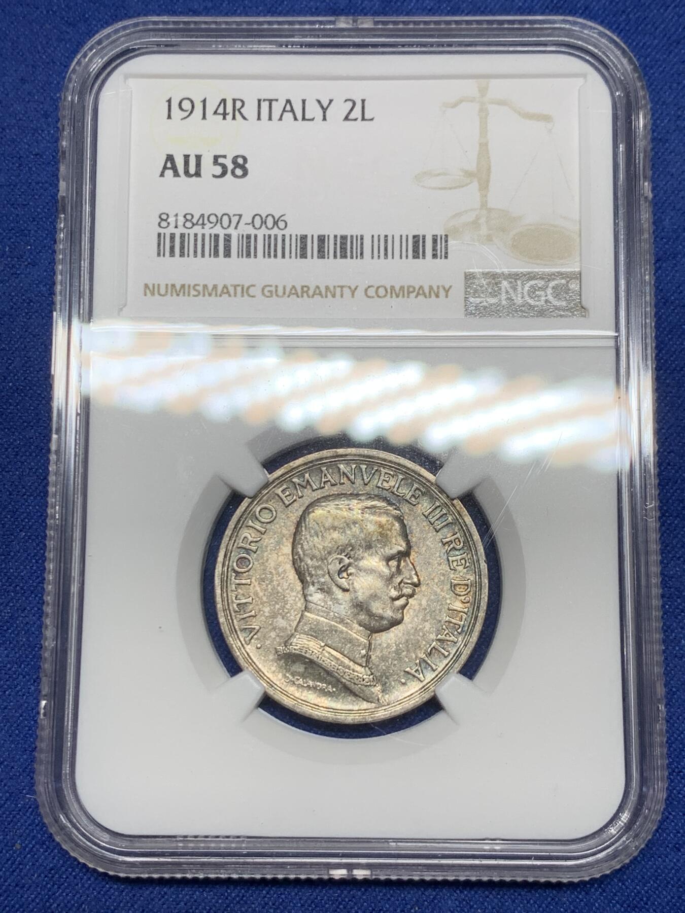 《竞宝斋》第295场- 周日，周一  2场连拍 （全场包邮） NGC AU58 意大利1914年埃曼努埃莱三世四驾马车2里拉