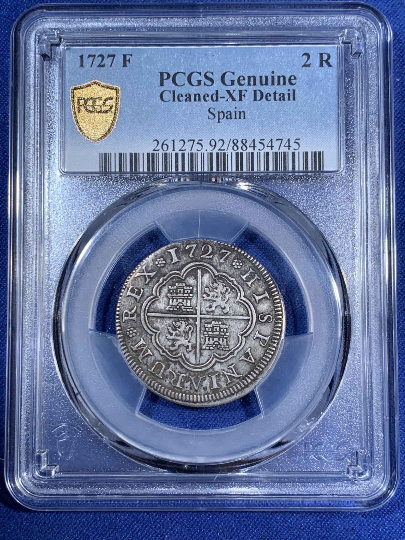 《竞宝斋》第295场- 周日，周一  2场连拍 （全场包邮） PCGS XF 西班牙 1727F 费五 本土 2里亚尔 银币原味包浆 少见