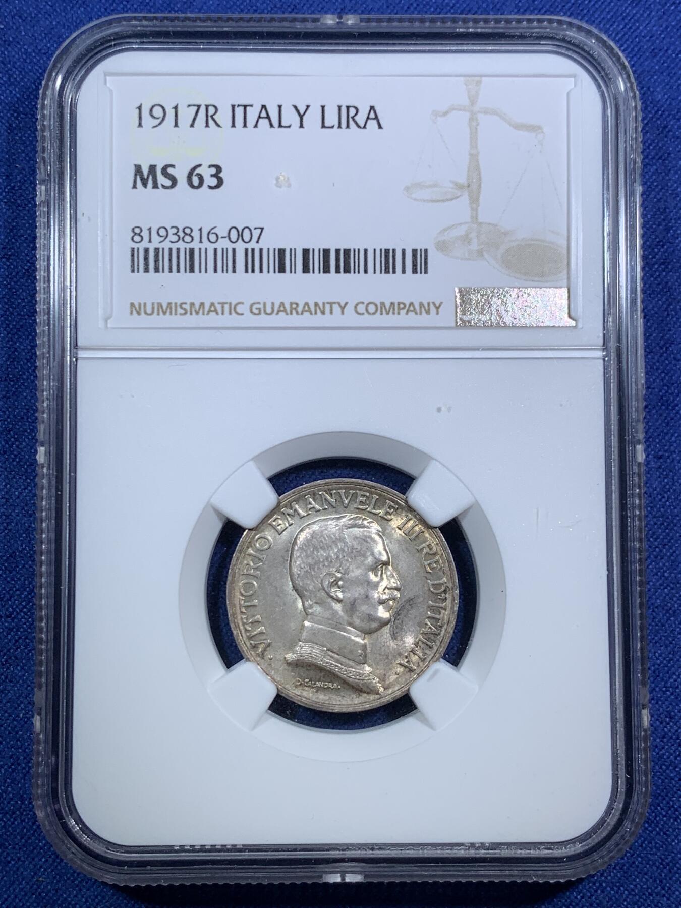 《竞宝斋》第295场- 周日，周一  2场连拍 （全场包邮） NGC MS63 意大利1917年1里拉马车银币