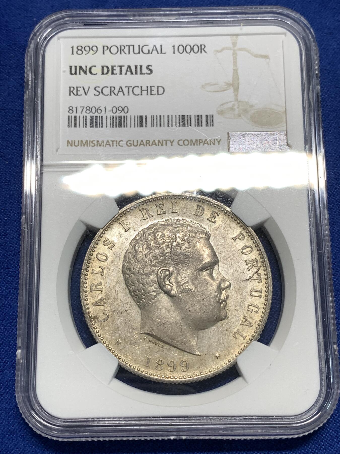 《竞宝斋》第295场- 周日，周一  2场连拍 （全场包邮） NGC UNCD 葡萄牙1899年卡洛斯一世头像1000瑞斯大银币