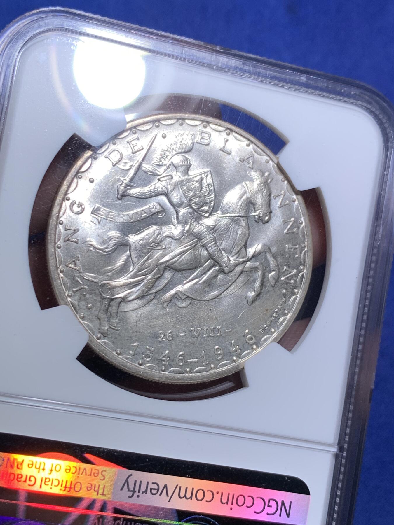 《竞宝斋》第295场- 周日，周一  2场连拍 （全场包邮） NGC MS62 卢森堡1946年盲人约翰战死600周年纪念100法郎马剑银币