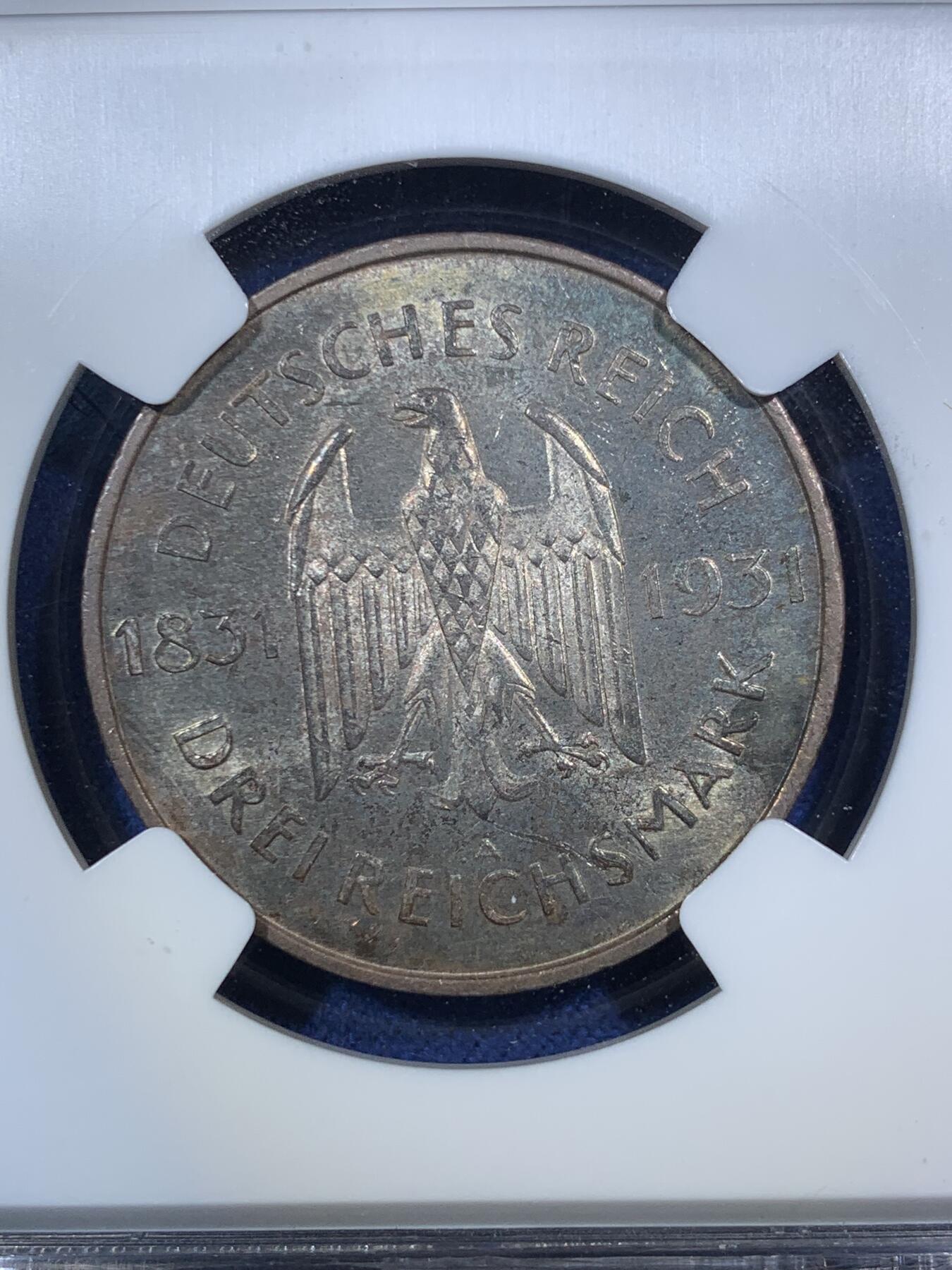 《竞宝斋》第295场- 周日，周一  2场连拍 （全场包邮） NGC MS64 魏玛德国1931年A版斯坦因3马克银币少见