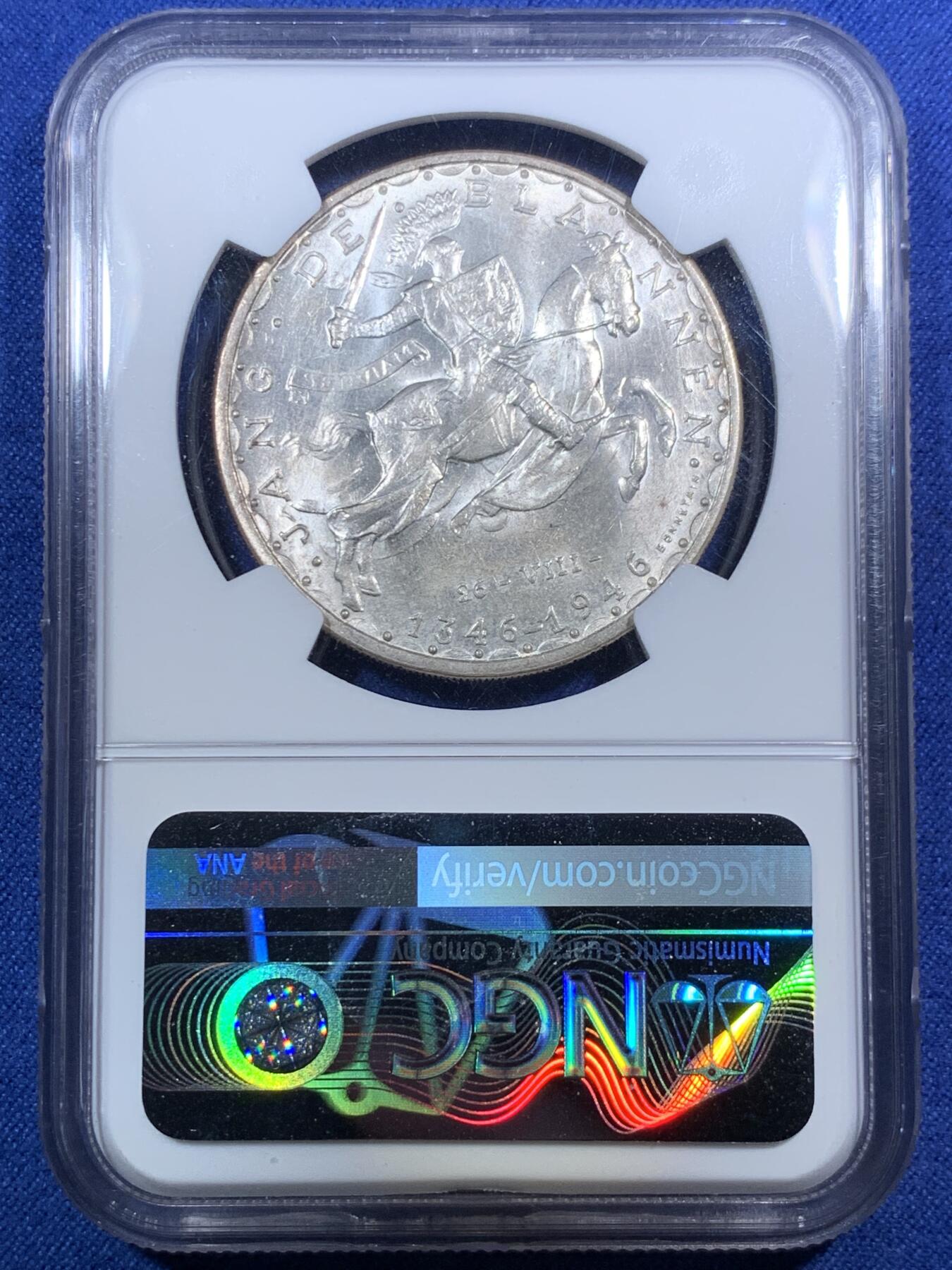 《竞宝斋》第295场- 周日，周一  2场连拍 （全场包邮） NGC MS62 卢森堡1946年盲人约翰战死600周年纪念100法郎马剑银币