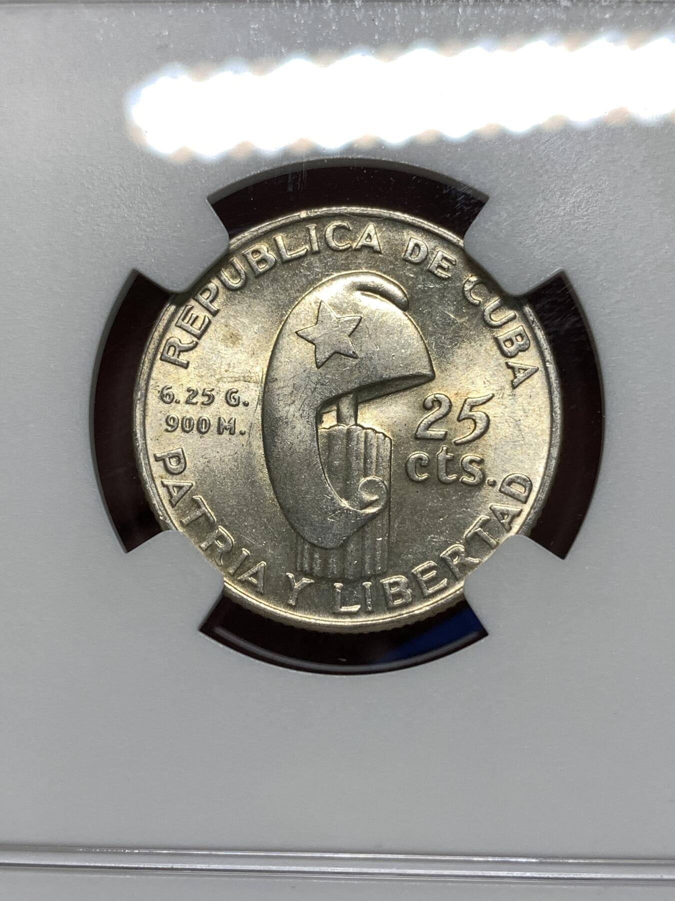 《竞宝斋》第295场- 周日，周一  2场连拍 （全场包邮） NGC MS64 古巴1953年何塞马丁百年纪念25分银币