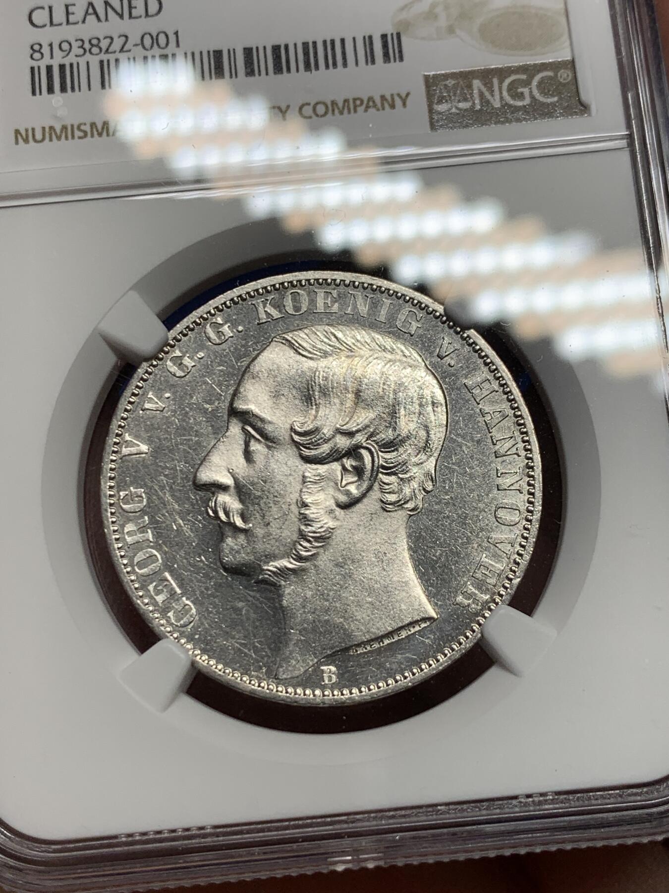 《竞宝斋》第295场- 周日，周一  2场连拍 （全场包邮） NGC UNC 德国 1864B 汉诺威 狮马泰勒银币 PL底板 可藏