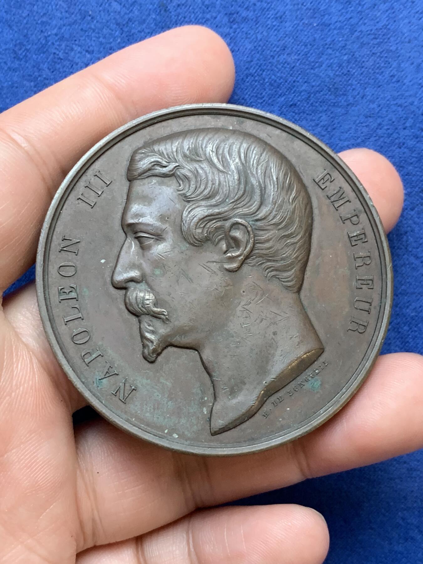 《竞宝斋》第295场- 周日，周一  2场连拍 （全场包邮） 1858年法国拿破仑三世农业铜章 超大尺寸！ 直径57mm 重量92g