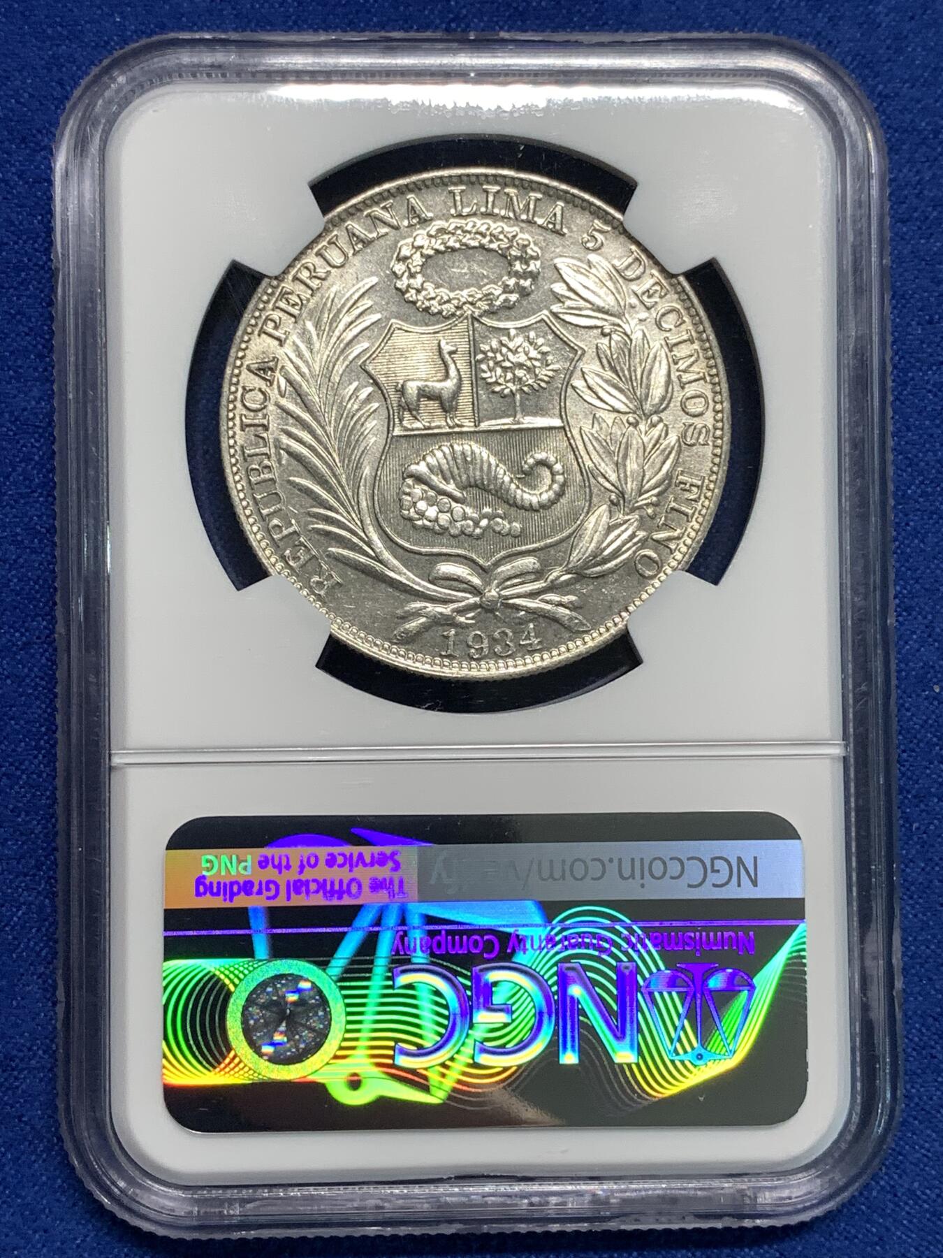 《竞宝斋》第295场- 周日，周一  2场连拍 （全场包邮） NGC MS62 秘鲁1934年坐人女神1索尔大银币 热门南美主币