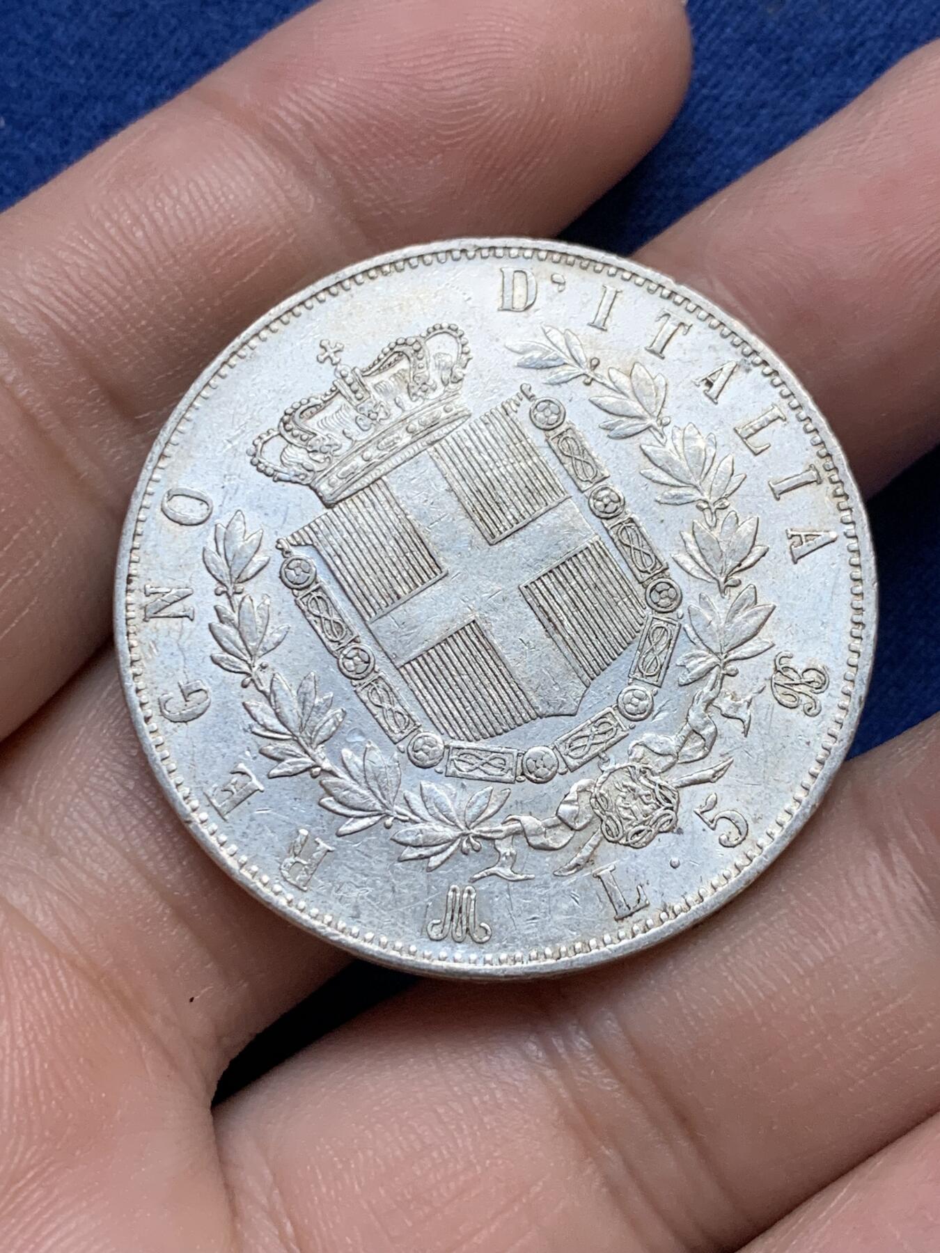 《竞宝斋》第295场- 周日，周一  2场连拍 （全场包邮） 意大利1874年5里拉银币 状态还不错