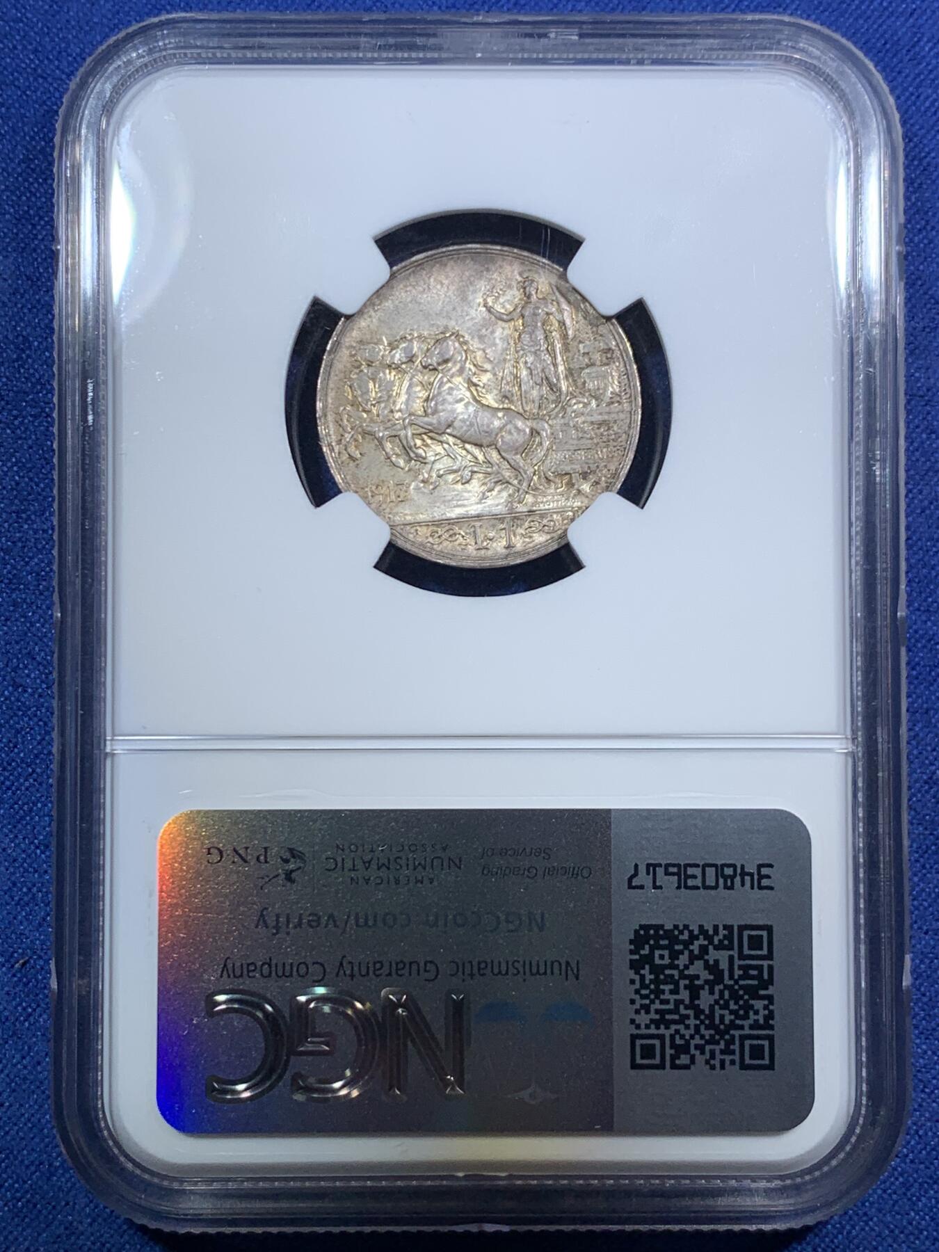 《竞宝斋》第295场- 周日，周一  2场连拍 （全场包邮） NGC MS63 意大利1917年1里拉马车银币