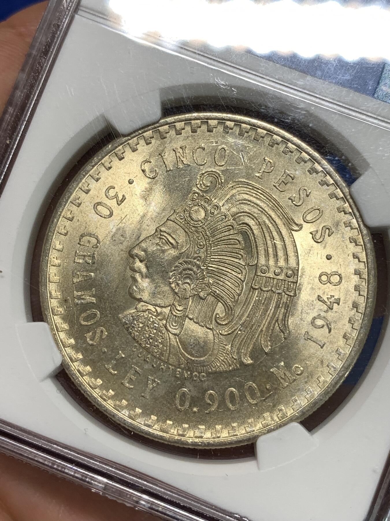 《竞宝斋》第295场- 周日，周一  2场连拍 （全场包邮） NGC MS65 墨西哥1948年玛雅酋长5比索鹰洋大银币