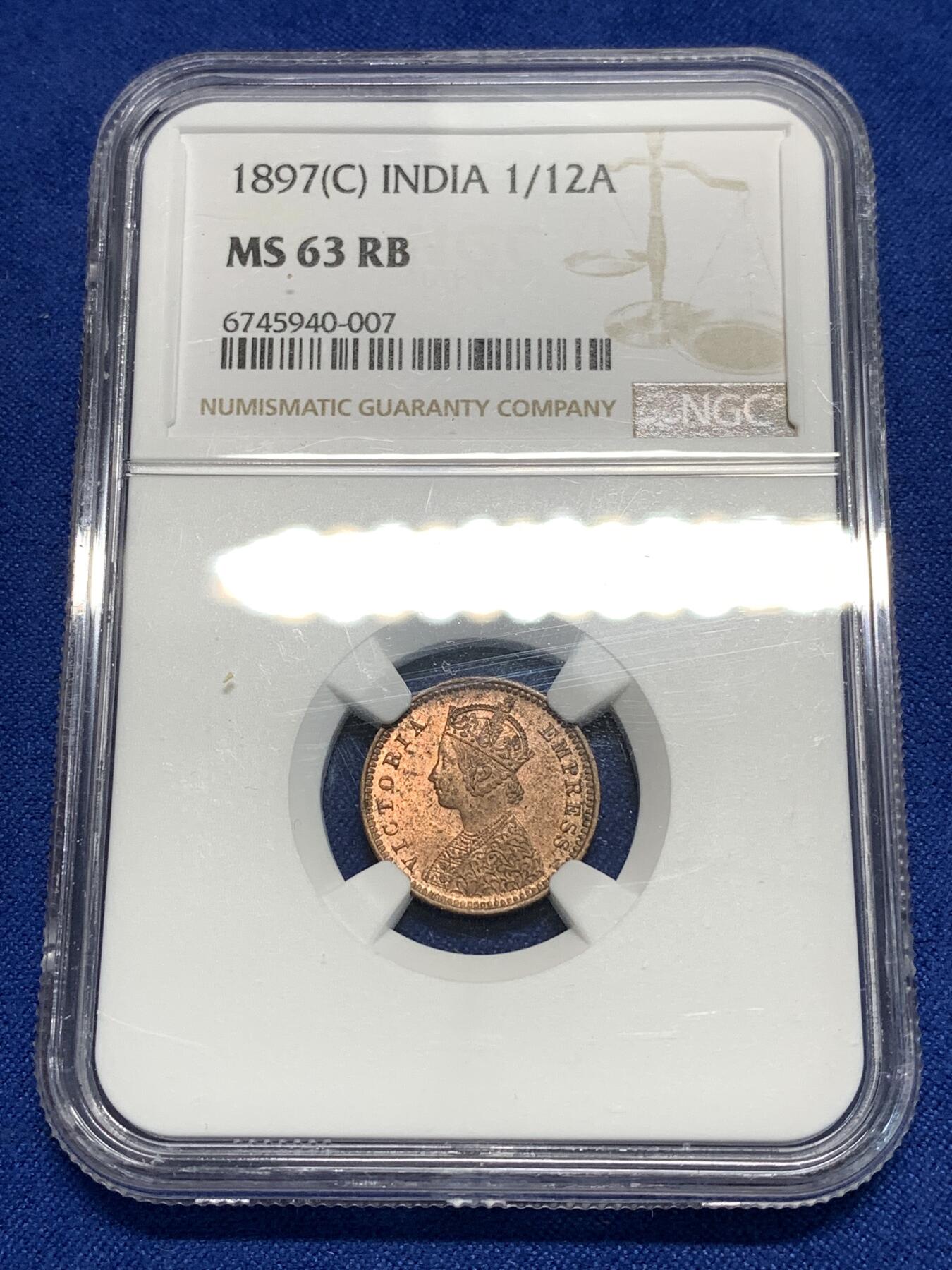 《竞宝斋》第295场- 周日，周一  2场连拍 （全场包邮） NGC MS63RB 印度1897-C版1/12安娜铜币 很舒服的原铜光