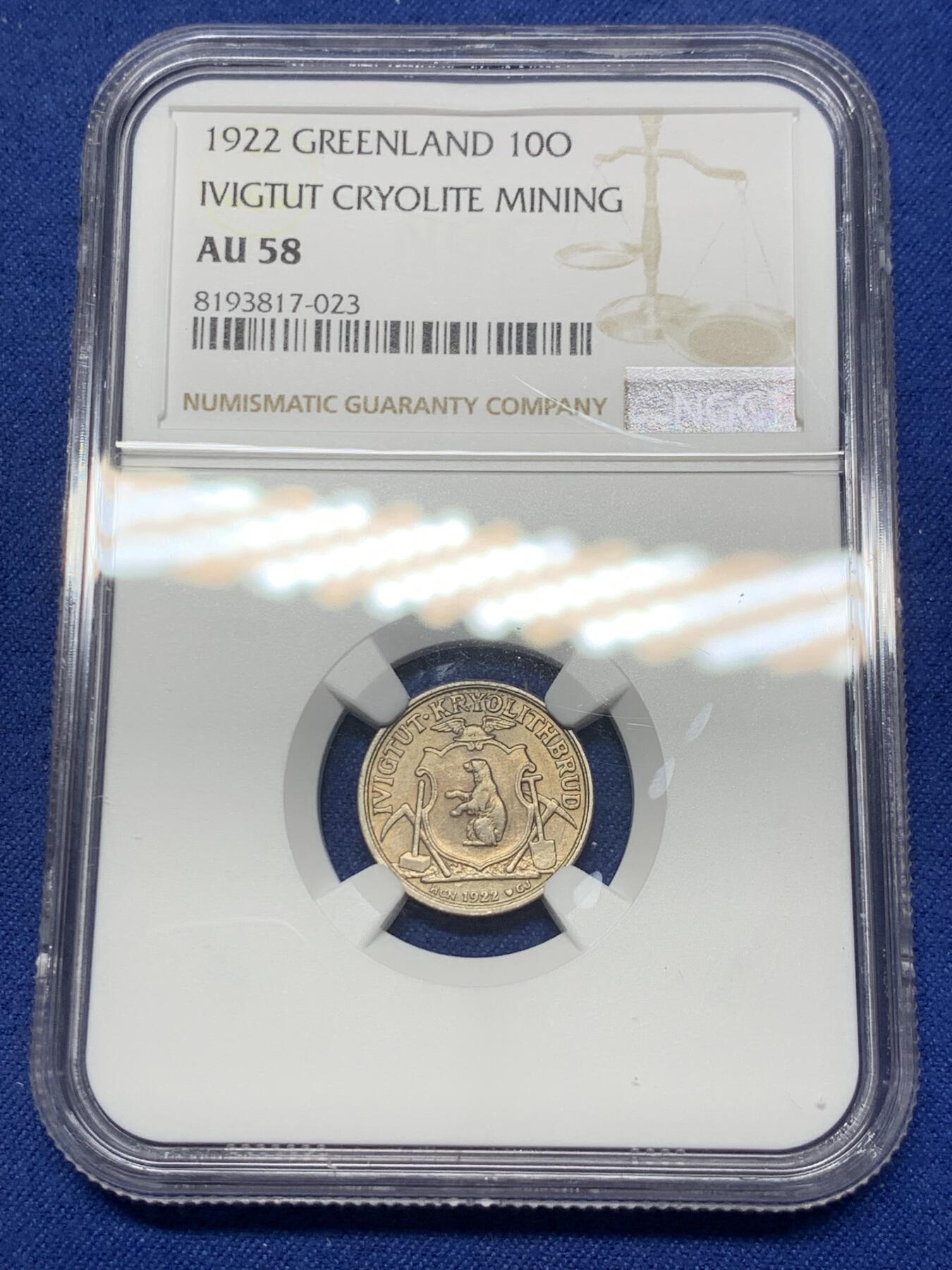 《竞宝斋》第295场- 周日，周一  2场连拍 （全场包邮） NGC AU58 丹麦王国 格林兰岛 1922 冰晶石矿业10欧尔代币 稀少