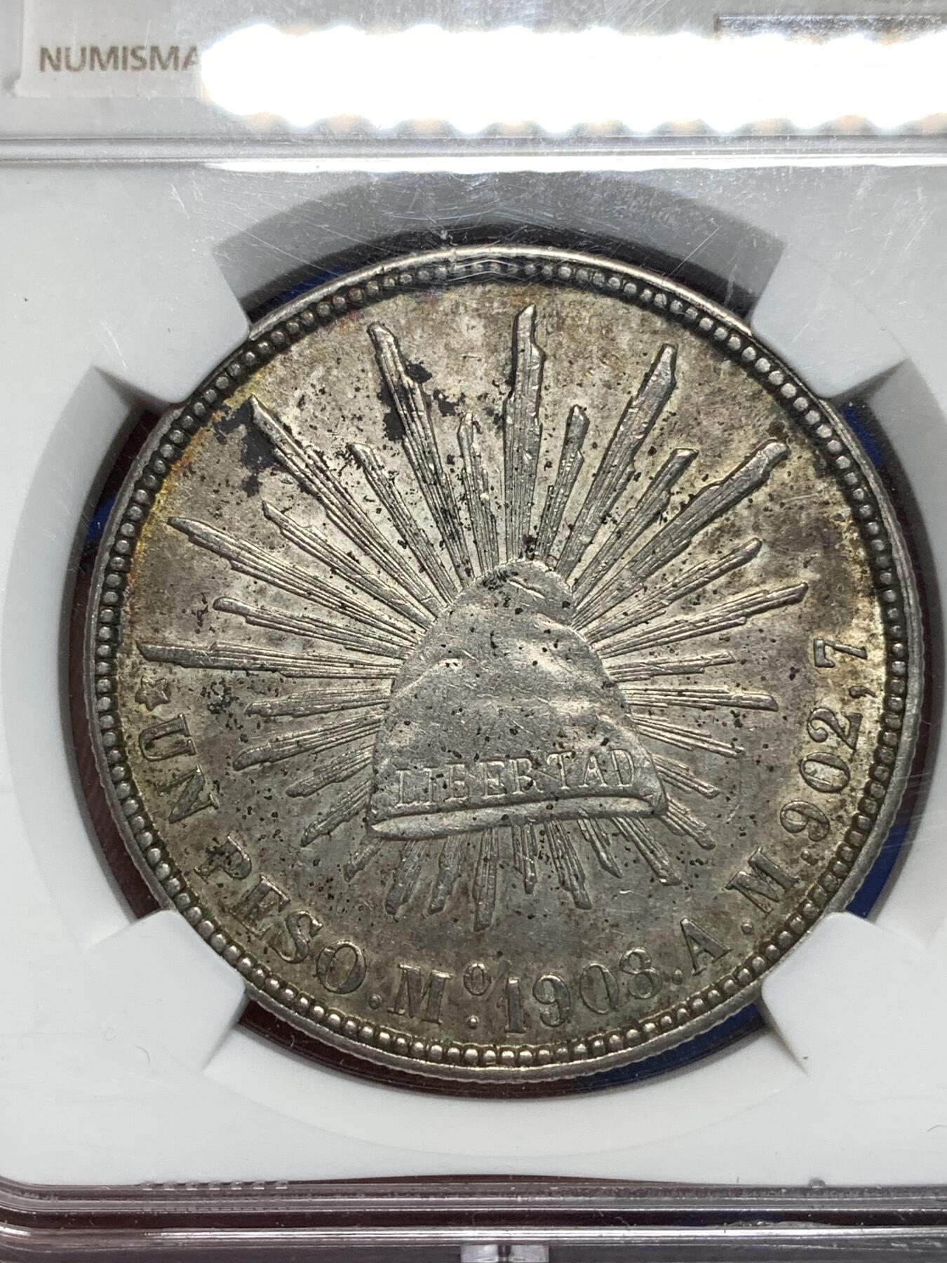 《竞宝斋》第295场- 周日，周一  2场连拍 （全场包邮） NGC UNCD 墨西哥1908MOAM版直边鹰洋1比索银币