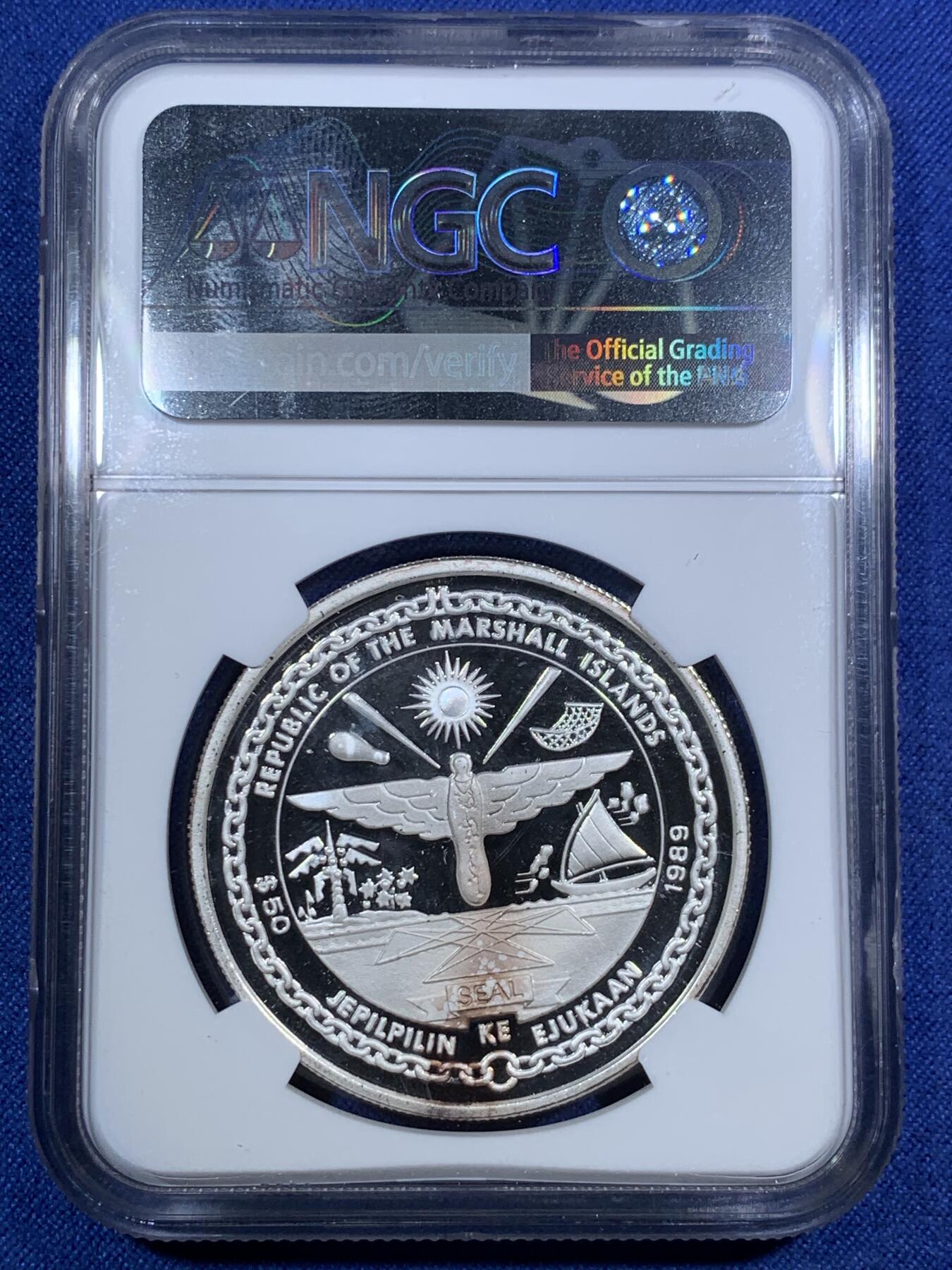 《竞宝斋》第295场- 周日，周一  2场连拍 （全场包邮） NGC PF68UC 马绍尔群岛1989年空间探索50元纪念币 红丝带标签