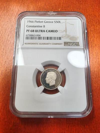 1966希腊康斯坦丁二世50雷普塔精制加厚银币，NGC PF68UC，N盒唯一记录，克书没有记载，eBay精制镍币NGC评级报价140000元 - 1966希腊康斯坦丁二世50雷普塔精制加厚银币，NGC PF68UC，N盒唯一记录，克书没有记载，eBay精制镍币NGC评级报价140000元