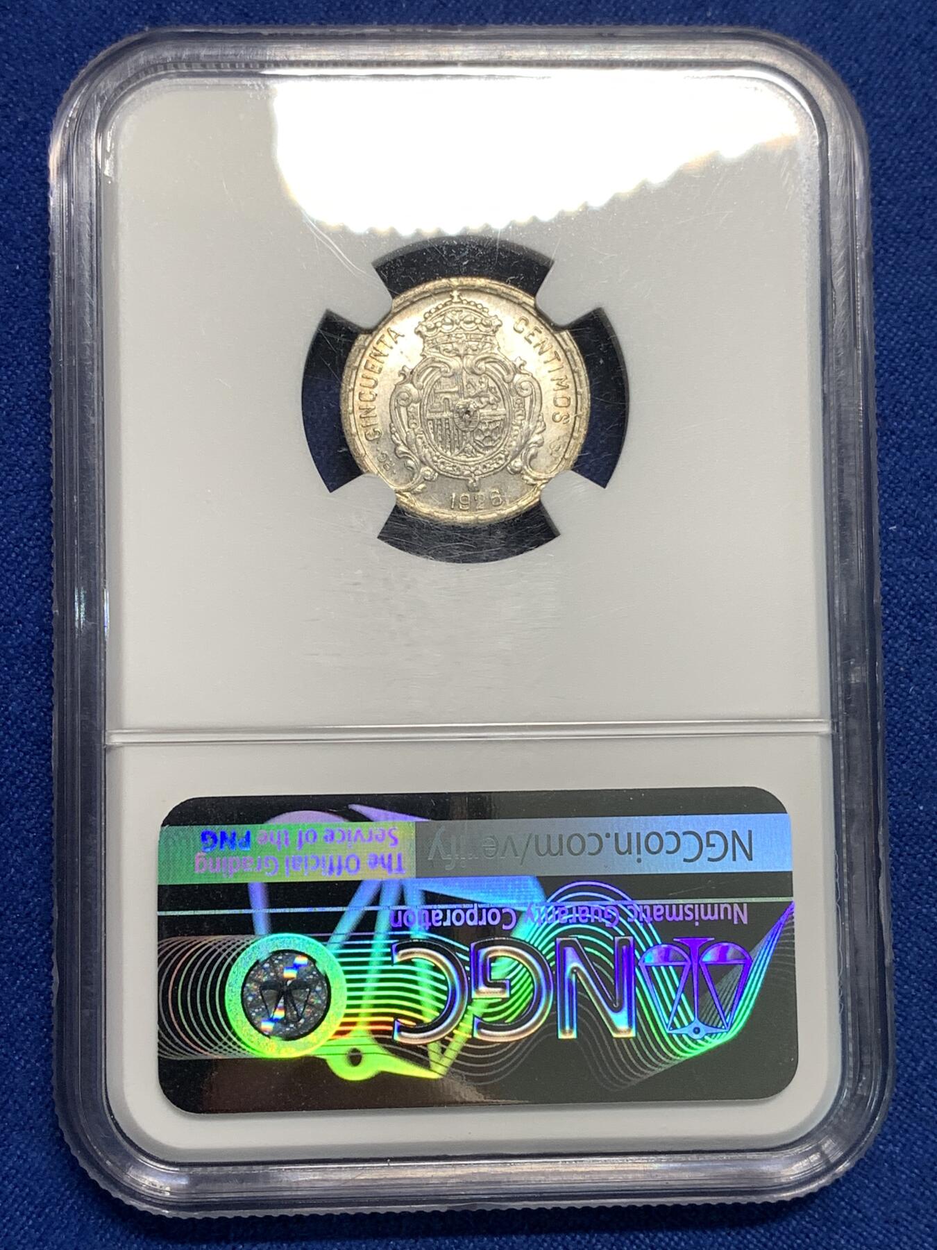 《竞宝斋》第295场- 周日，周一  2场连拍 （全场包邮） NGC MS63 西班牙1926年阿方索十三世50分银币 原光