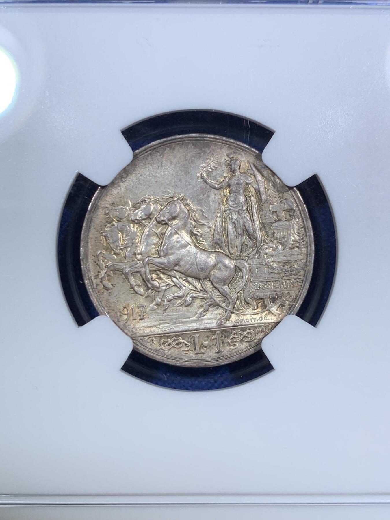 《竞宝斋》第295场- 周日，周一  2场连拍 （全场包邮） NGC MS63 意大利1917年1里拉马车银币