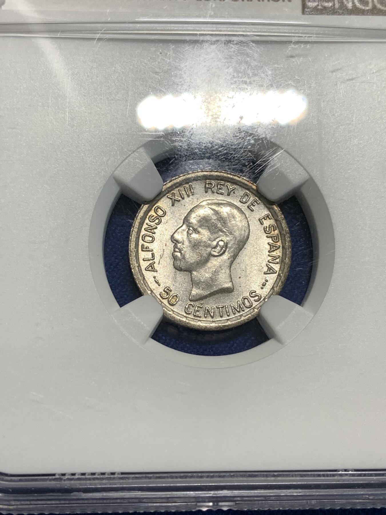 《竞宝斋》第295场- 周日，周一  2场连拍 （全场包邮） NGC MS63 西班牙1926年阿方索十三世50分银币 原光