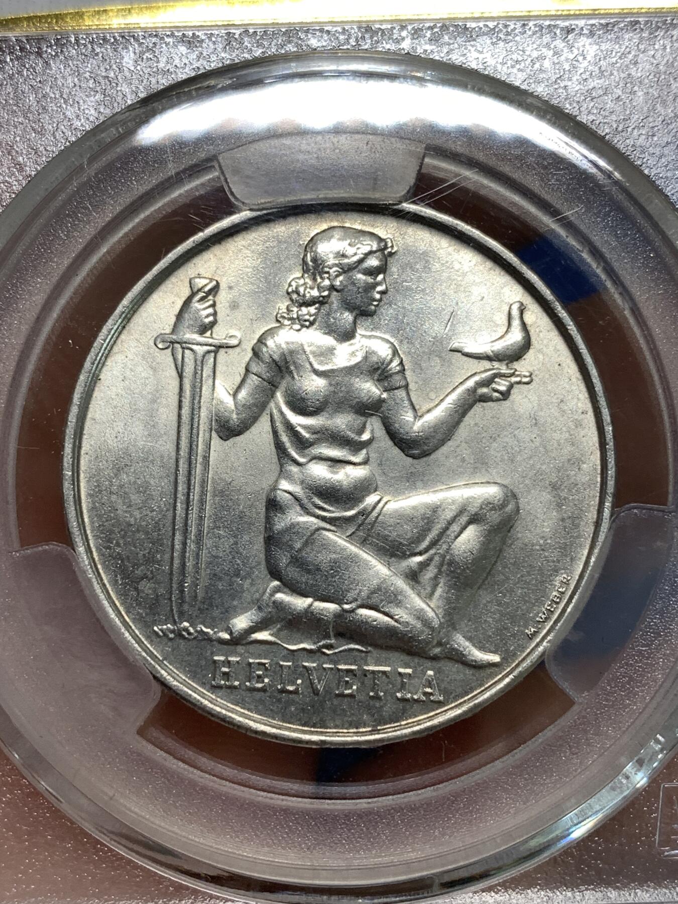 《竞宝斋》第295场- 周日，周一  2场连拍 （全场包邮） ACG AU53 瑞士1936年赫尔维蒂亚持剑银币 高底板转光