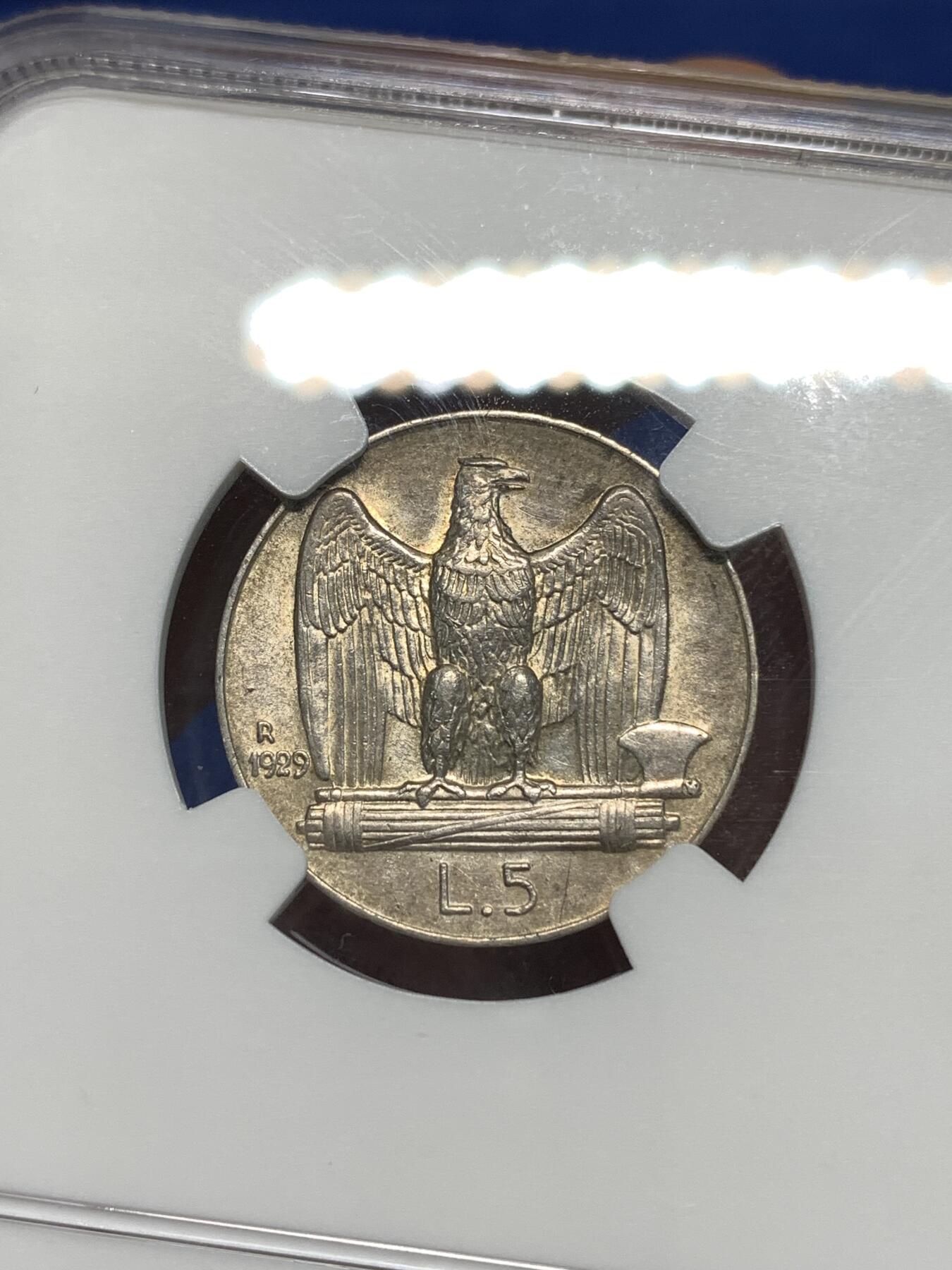 《竞宝斋》第295场- 周日，周一  2场连拍 （全场包邮） NGC AU55 意大利1929年5里拉老鹰银币