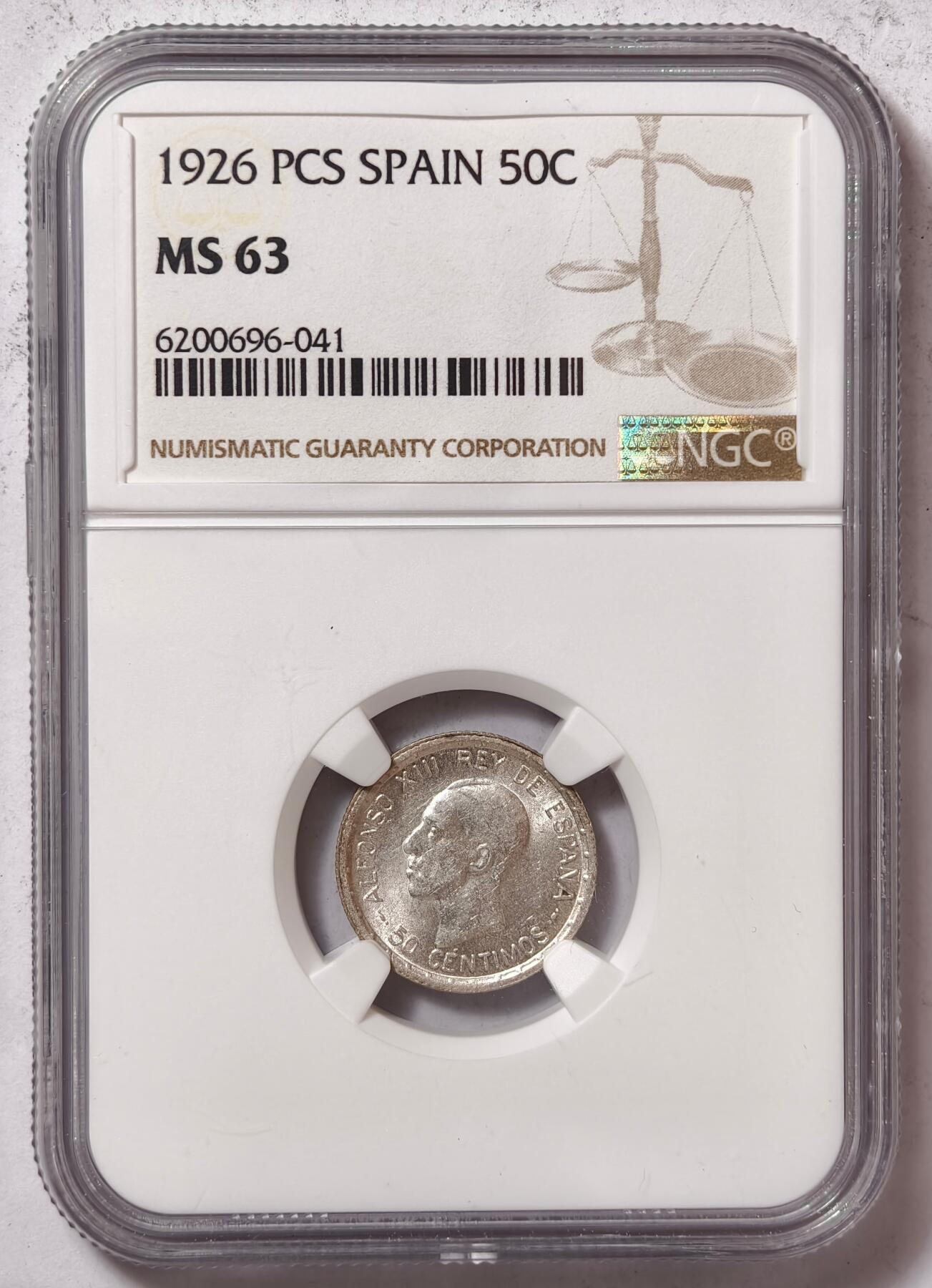 紫瑗钱币——第458期 西班牙 1926年 阿方索十三世 50分银币 NGC MS63