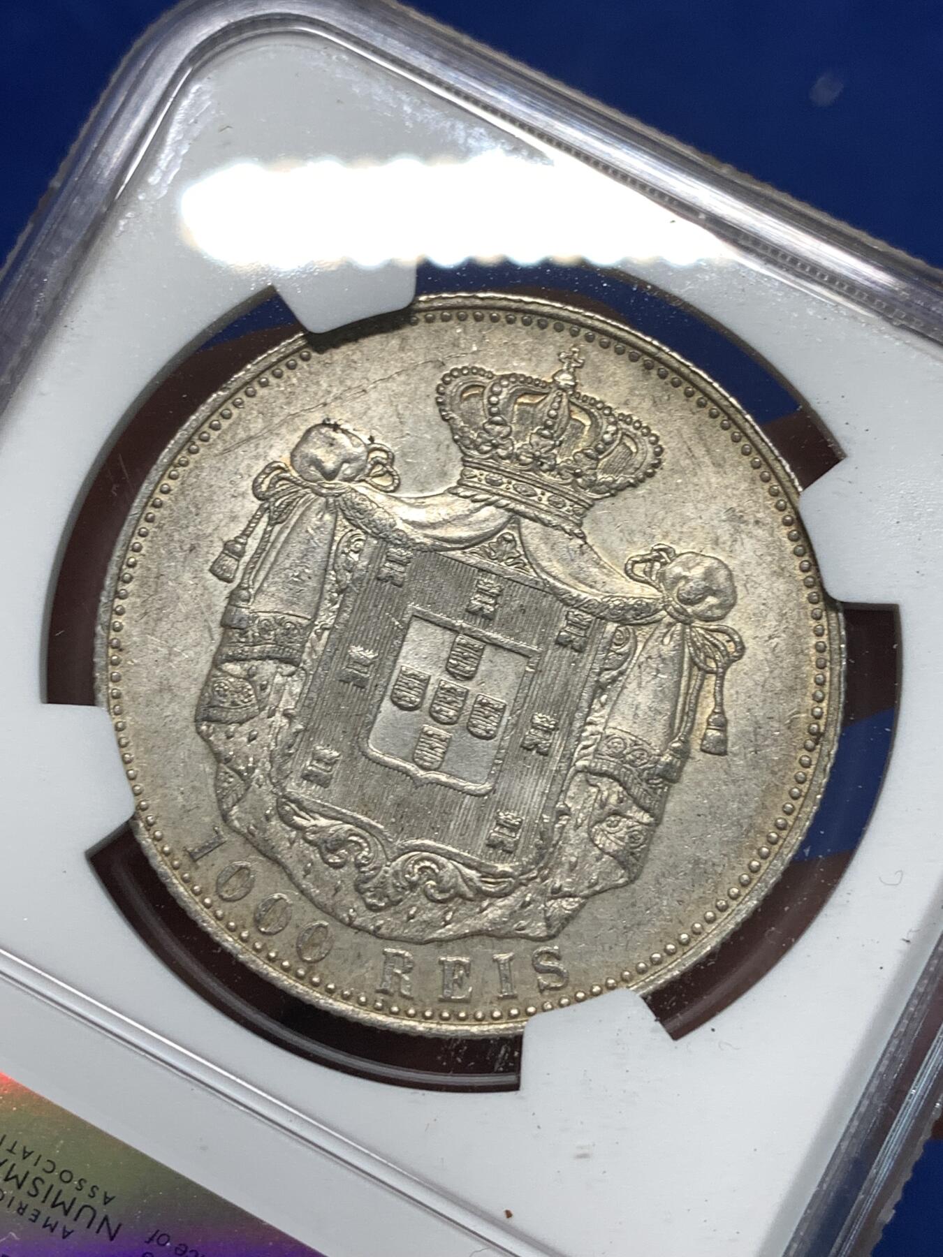 《竞宝斋》第295场- 周日，周一  2场连拍 （全场包邮） NGC UNCD 葡萄牙1899年卡洛斯一世头像1000瑞斯大银币