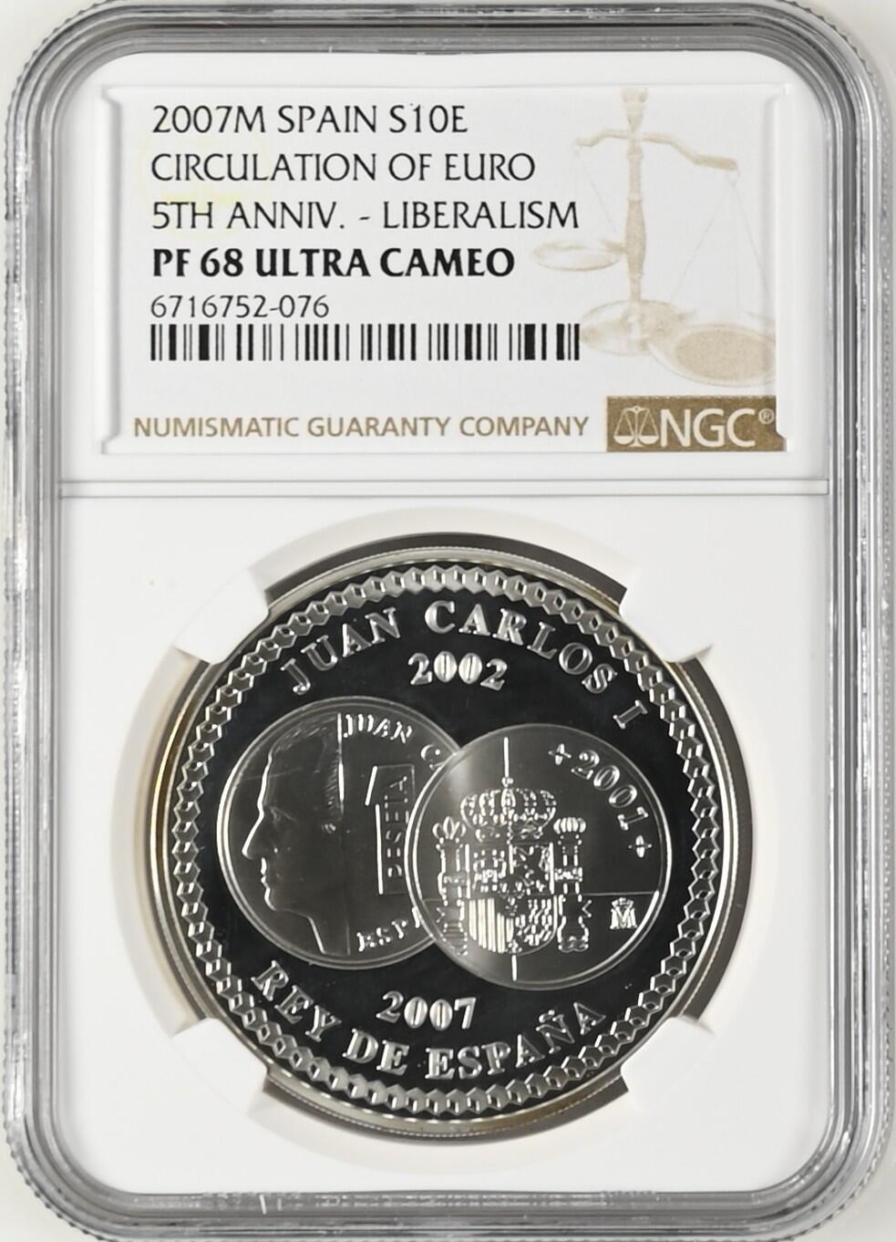 长老汇龙年精选第十九场拍卖 2007M SPAIN CIRCULATION OF EURO 5TH ANNIV. - LIBERALISM，NGC PF68UC