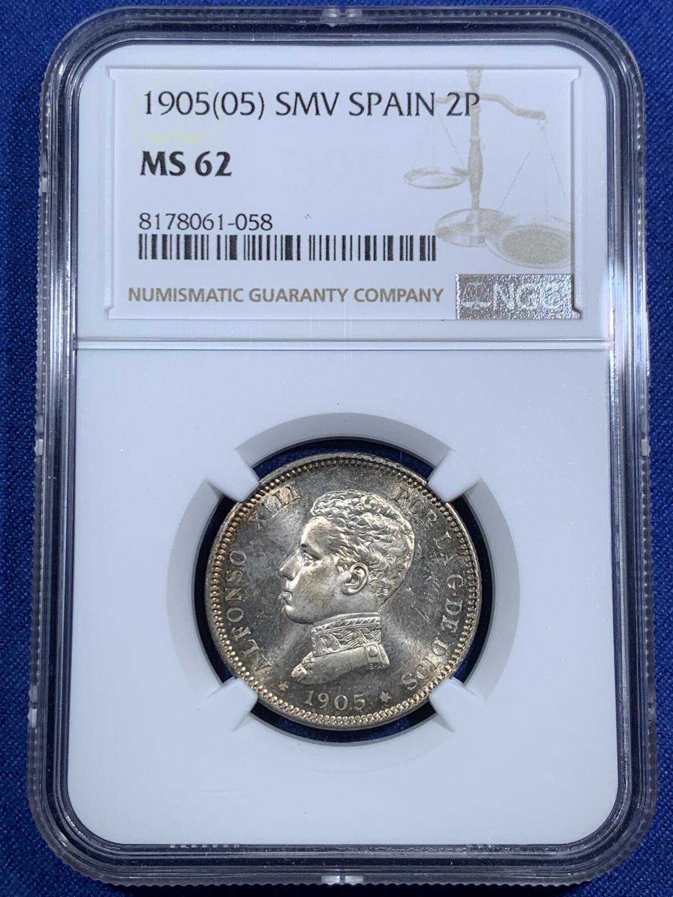 《竞宝斋》第295场- 周日，周一  2场连拍 （全场包邮） NGC MS62 西班牙1905阿方索十三世2比塞塔银币