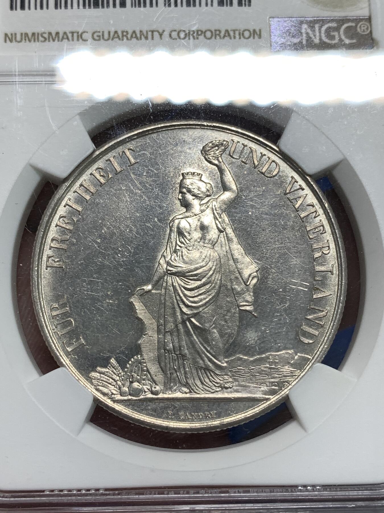 《竞宝斋》第295场- 周日，周一  2场连拍 （全场包邮） NGC UNCD 瑞士1872年苏黎世射击节 5法郎大银币