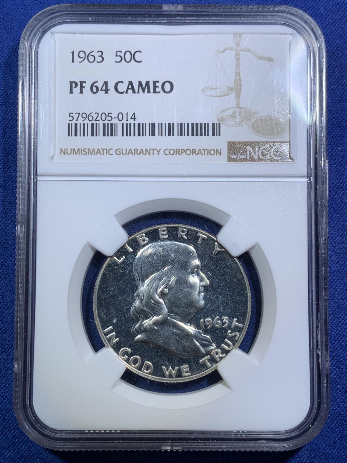 《竞宝斋》第295场- 周日，周一  2场连拍 （全场包邮） NGC PF64 美国1963年富兰克林半美元精制银币