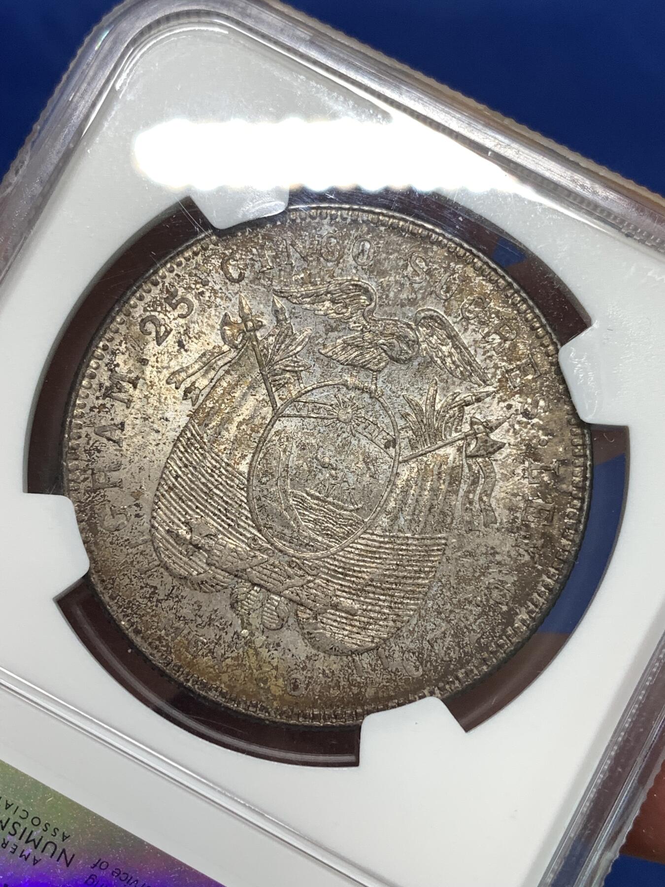 《竞宝斋》第295场- 周日，周一  2场连拍 （全场包邮） NGC MS60 厄瓜多尔1944年5苏克雷克朗大银币 背面带棕灰色包浆 正面转光好