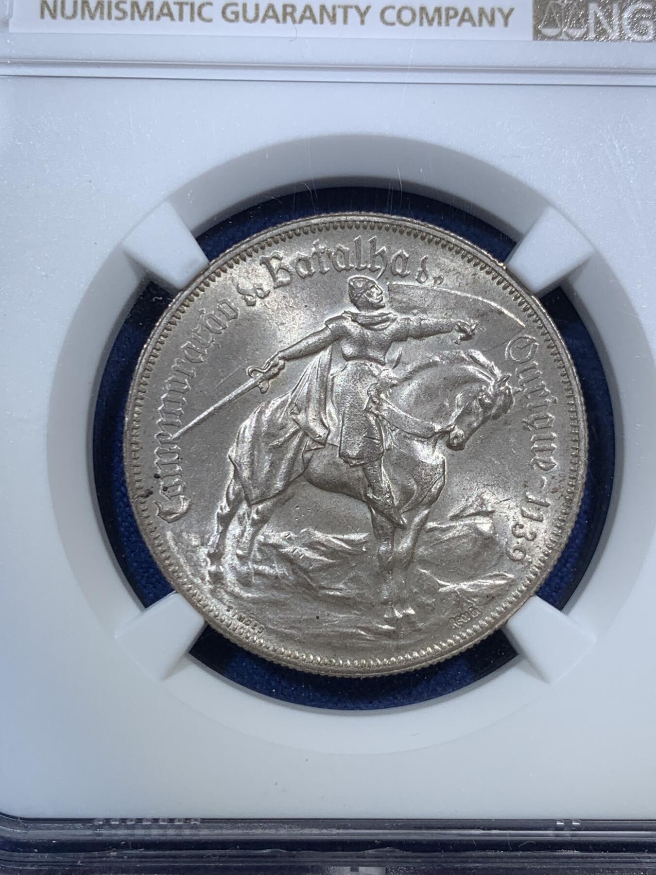 《竞宝斋》第295场- 周日，周一  2场连拍 （全场包邮） NGC MS64 葡萄牙1928年奥里基战役10埃斯库多银币 欧陆灰包浆