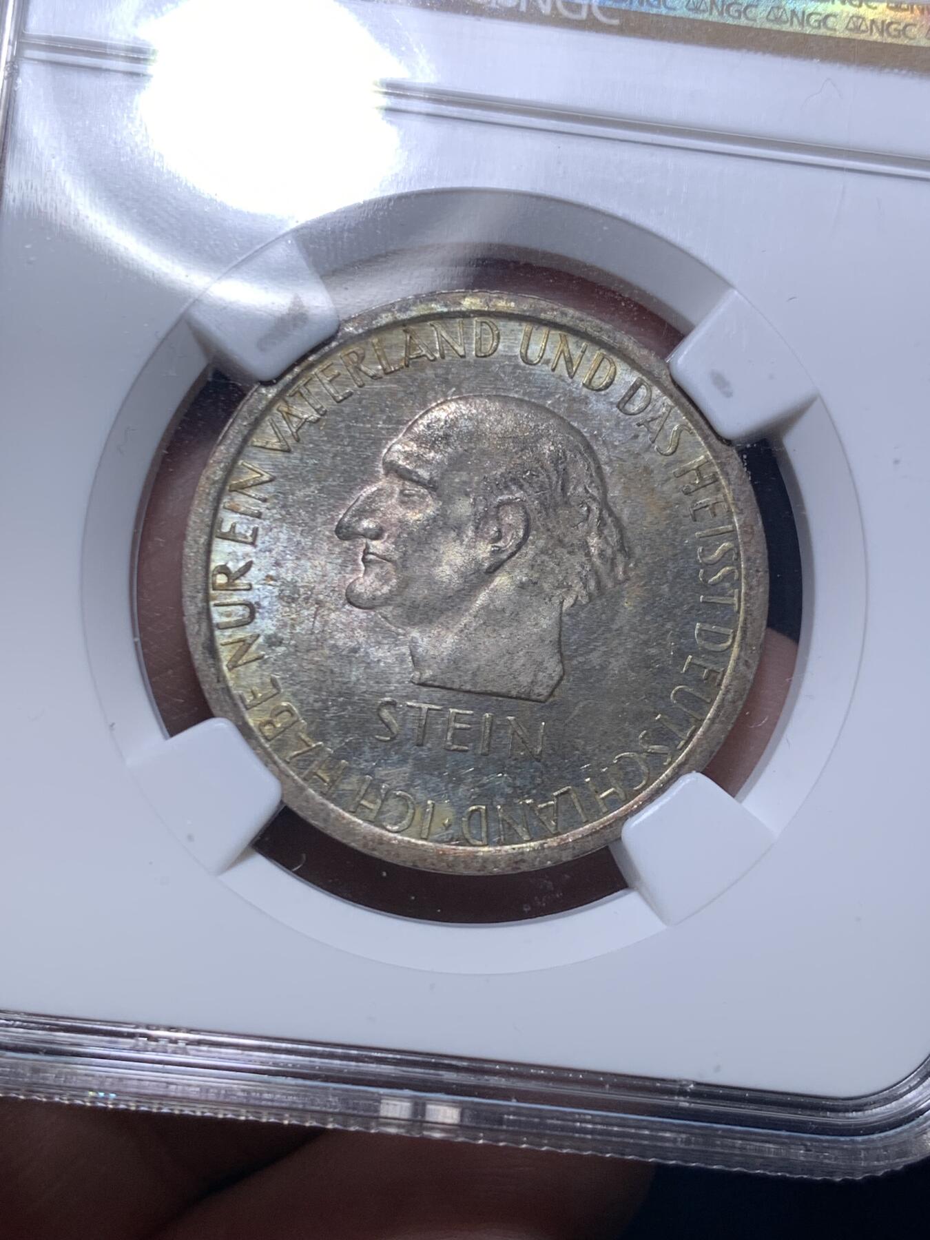 《竞宝斋》第295场- 周日，周一  2场连拍 （全场包邮） NGC MS64 魏玛德国1931年A版斯坦因3马克银币少见