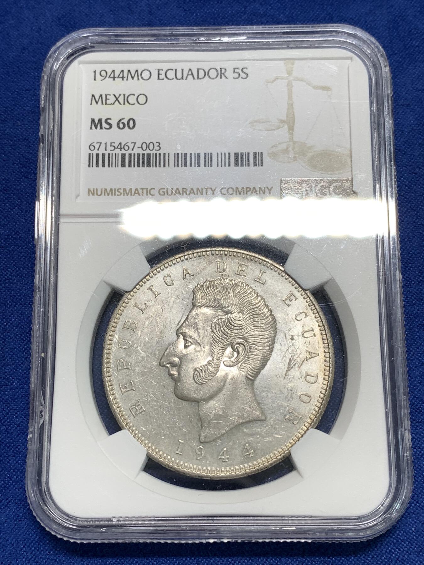 《竞宝斋》第295场- 周日，周一  2场连拍 （全场包邮） NGC MS60 厄瓜多尔1944年5苏克雷克朗大银币 背面带棕灰色包浆 正面转光好