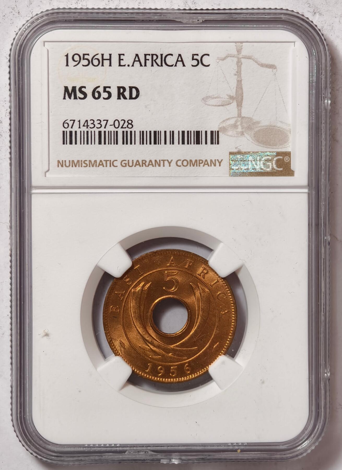 紫瑗钱币——第458期 英属东非 1956年 H版 伊丽莎白二世 5分 红铜币 NGC MS65 RD