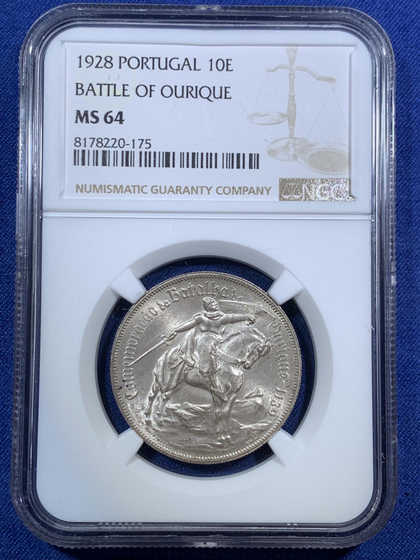 《竞宝斋》第295场- 周日，周一  2场连拍 （全场包邮） NGC MS64 葡萄牙1928年奥里基战役10埃斯库多银币 欧陆灰包浆