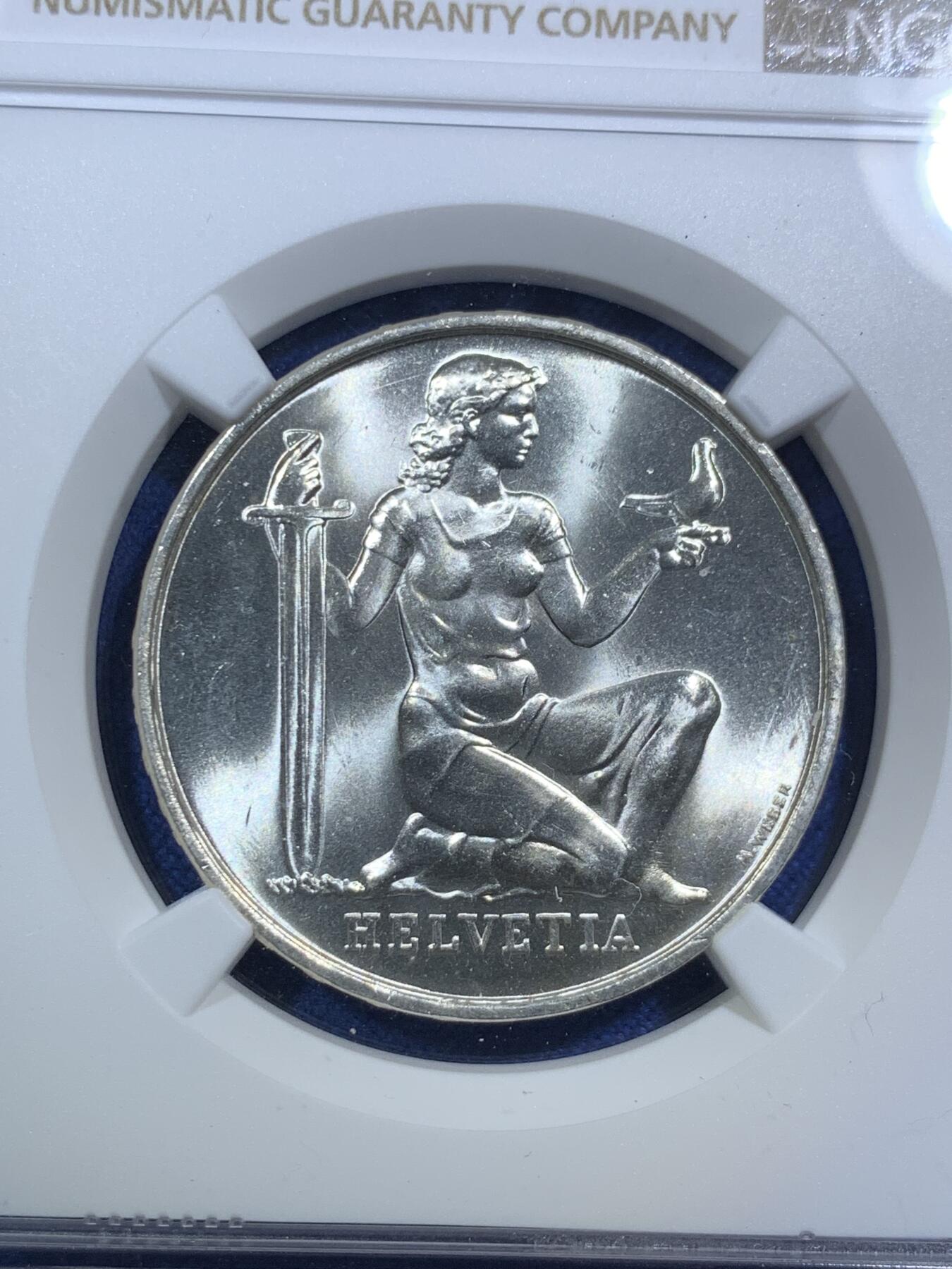 《竞宝斋》第295场- 周日，周一  2场连拍 （全场包邮） NGC MS66 瑞士1936年联邦军备基金5法郎银币