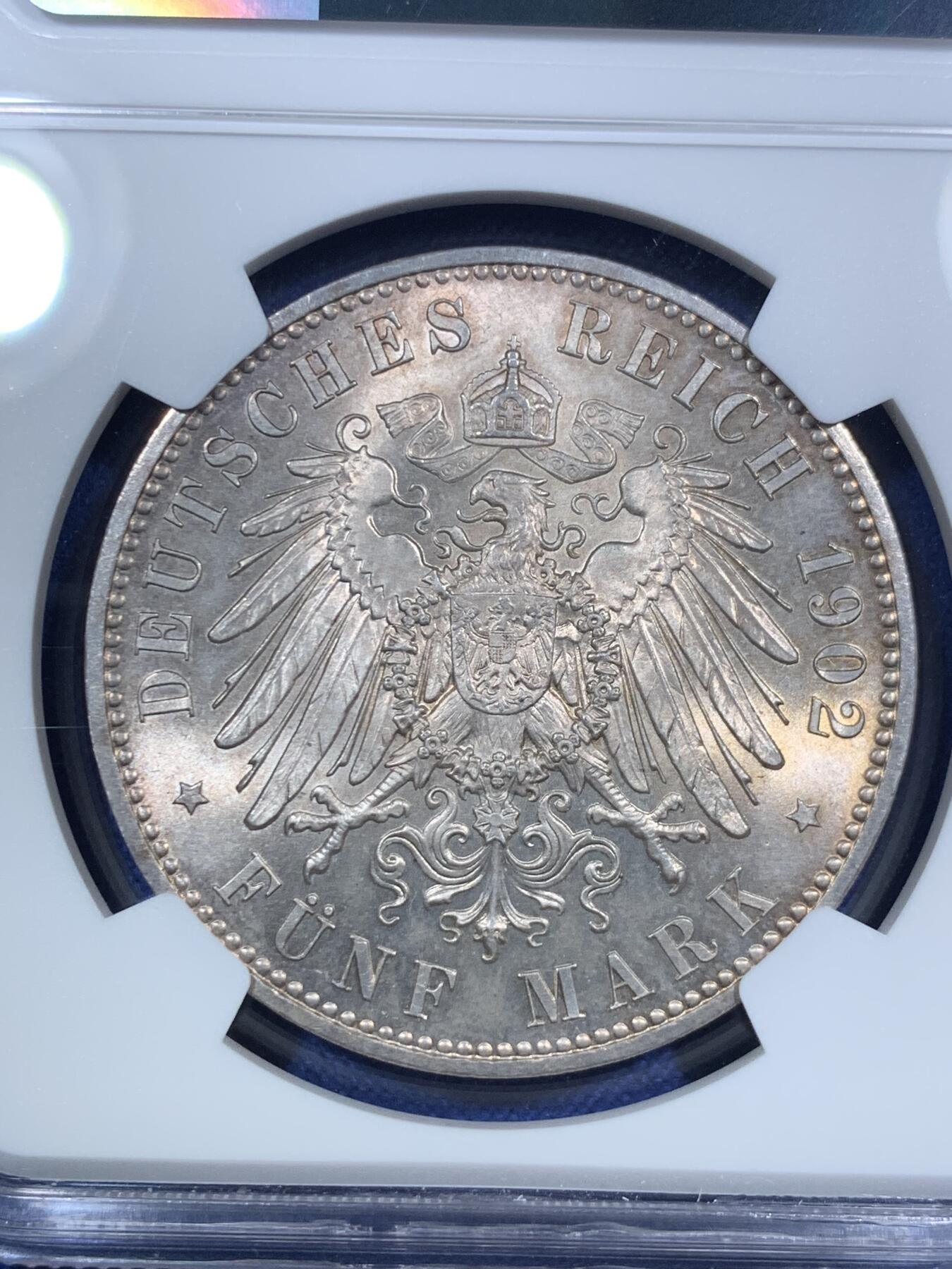 《竞宝斋》第295场- 周日，周一  2场连拍 （全场包邮） NGC MS64 德国 1902年E版 萨克森 阿尔伯特逝世 5马克 银币