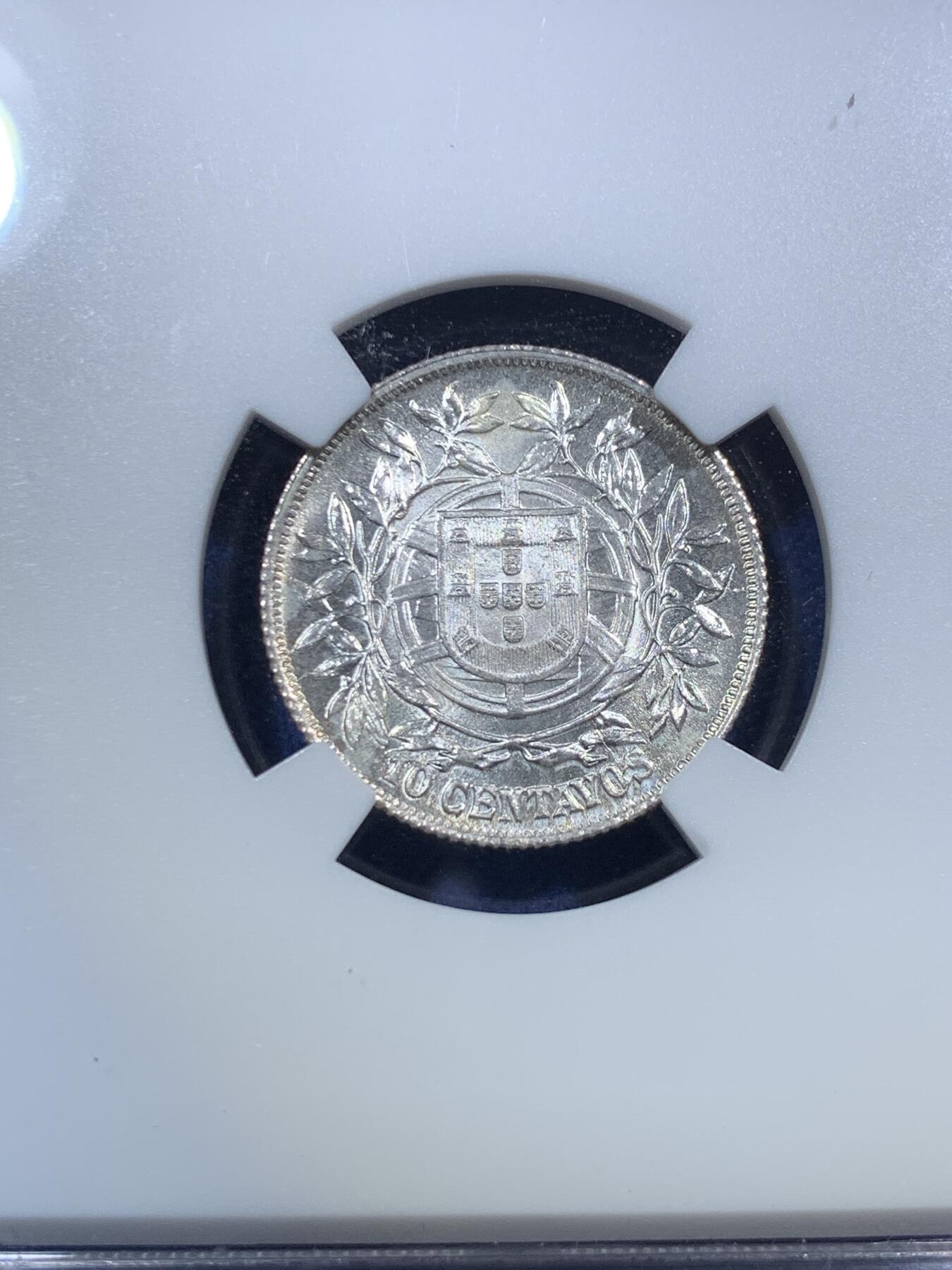 《竞宝斋》第295场- 周日，周一  2场连拍 （全场包邮） NGC MS64 葡萄牙1915年10C银币 少见面值高分